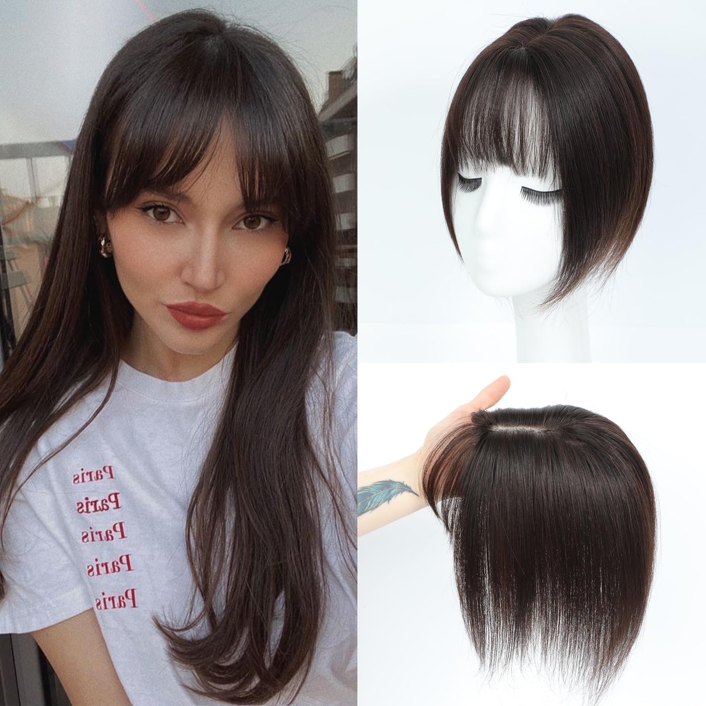 Hair Toppers For Women Real Human Hair Short Length Topper For Slightly Lossing And Covering Gray Hair 7 * 11 French Style Bang For Adding Volume