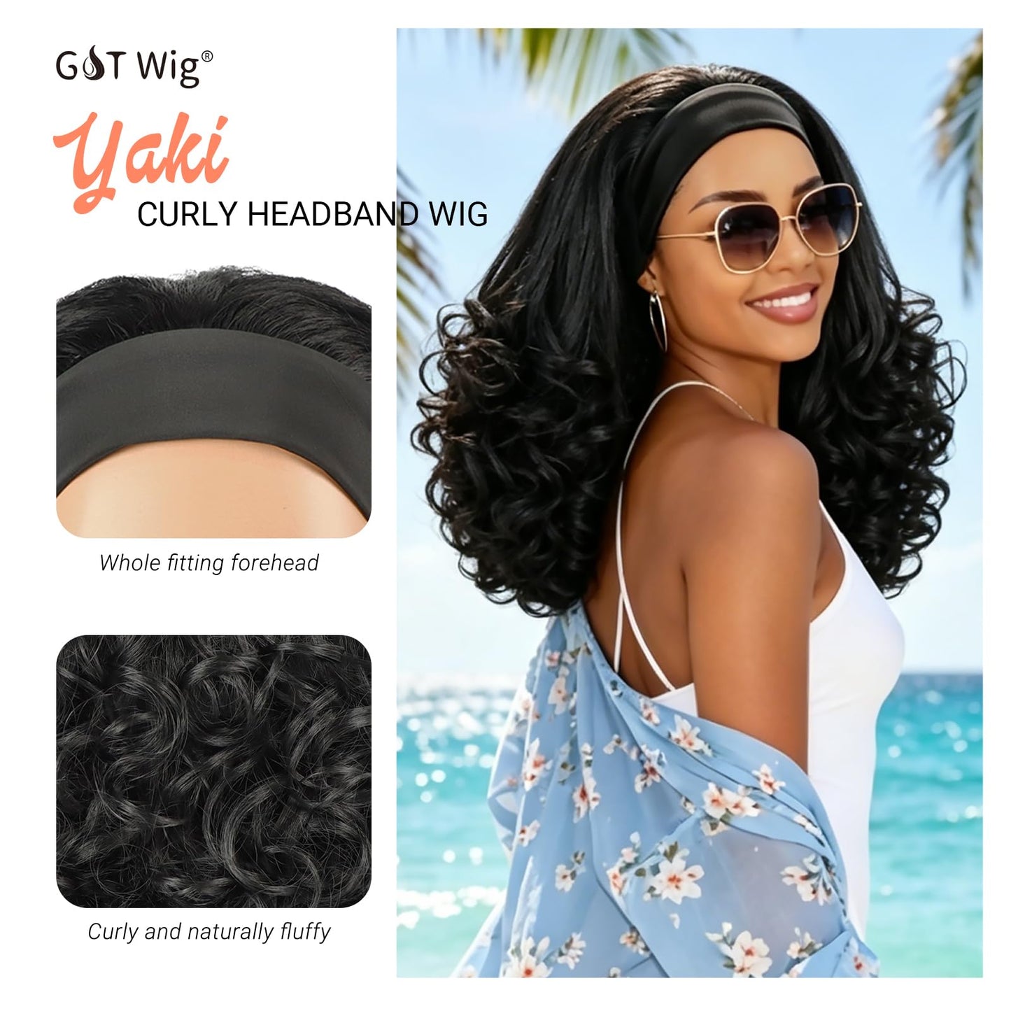 Wig Yaki Curly Headband Wigs for Black Women Kinky Straight Curly Headband Wigs Synthetic Wear and Go Glueless Half Wig for Daily Use (Black, 16inch)
