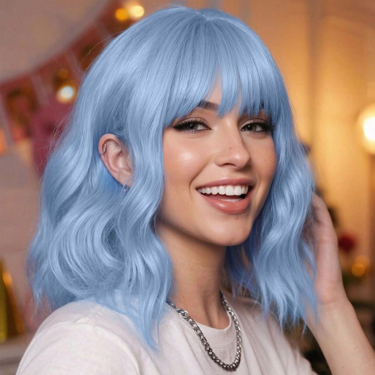 12inch Natural Wave Wavy Bob Wigs with Bangs Black Blue Light Blue Brown Pink Wigs