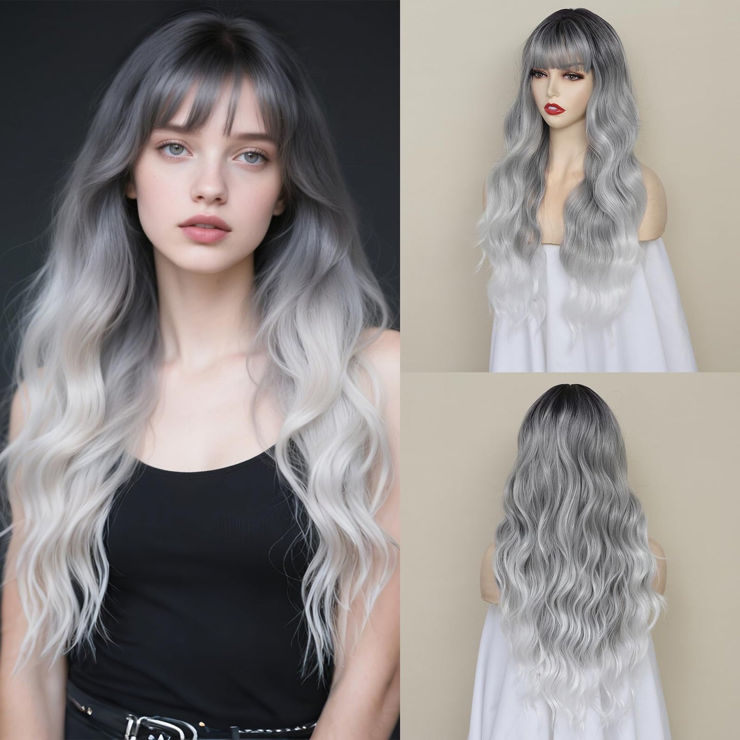 Wig With Bangs Long Wavy Curly Wig with Synthetic Heat Resistant Wigs for Women Daily Party Use