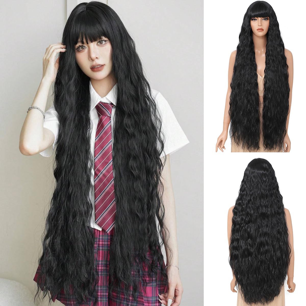 XC CLOUDS Long Wavy Wig with Bangs for Women,Wig Long Bangs Wig,Natural Looking Synthetic Heat Resistant Hair