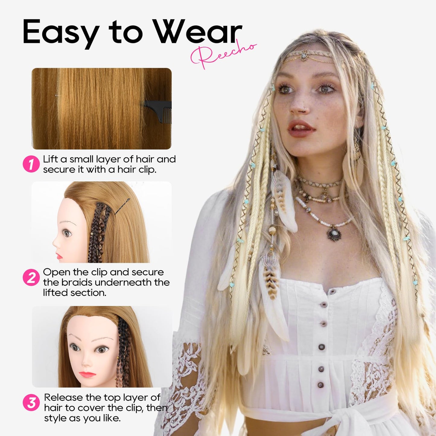 Clip in Braids for Women, 16" Boho Dreadlock Clip in Braids with Beads & Charms, 2PCS Handmade Synthetic Braided Hairpieces for Cosplay Daily Styling Music Festival