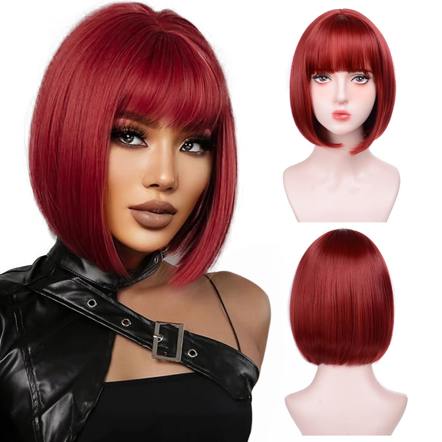 Bob Wig with Bangs-12'' Short Straight Bob Wigs for Women Super Soft and Easy to Wear, Colorful Synthetic Wig for Daily, Cosplay, Halloween