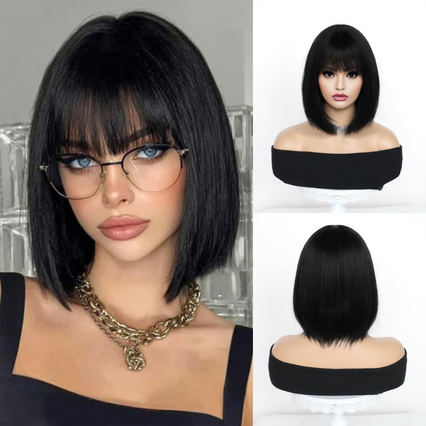 12" Short bob wig with bangs, Black / Pink Wig for women Daily Use