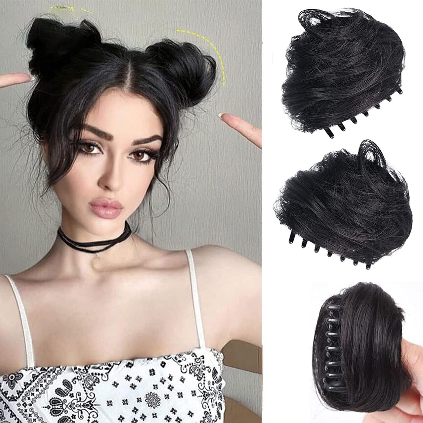 2PCS Mini Claw Clip in Hair Bun Messy Cat Ears Hair Bun Extension Synthetic Donut Wig Accessory Ponytail Hair Extensions Thick Updo Space Bun Hair Pieces for Women Girls