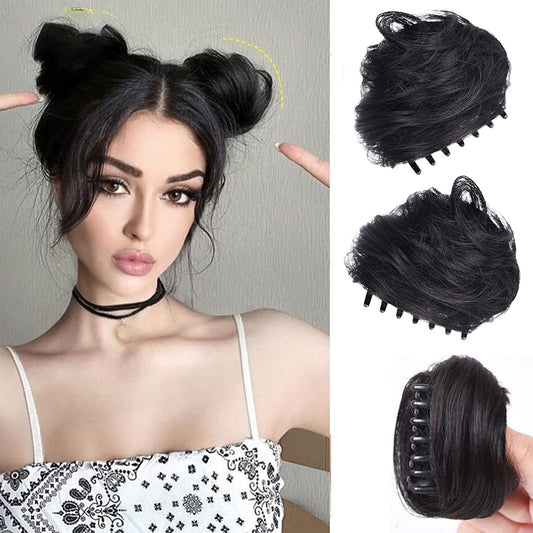 2PCS Mini Claw Clip in Hair Bun Messy Cat Ears Hair Bun Extension Synthetic Donut Wig Accessory Ponytail Hair Extensions Thick Updo Space Bun Hair Pieces for Women Girls