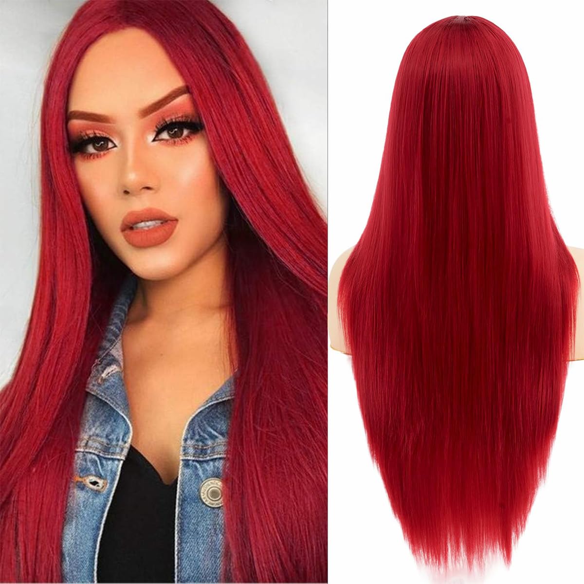 Long Straight Wig for Women, Red, Soft Smooth Hair, Natural Realistic Look, Comfortable Fit