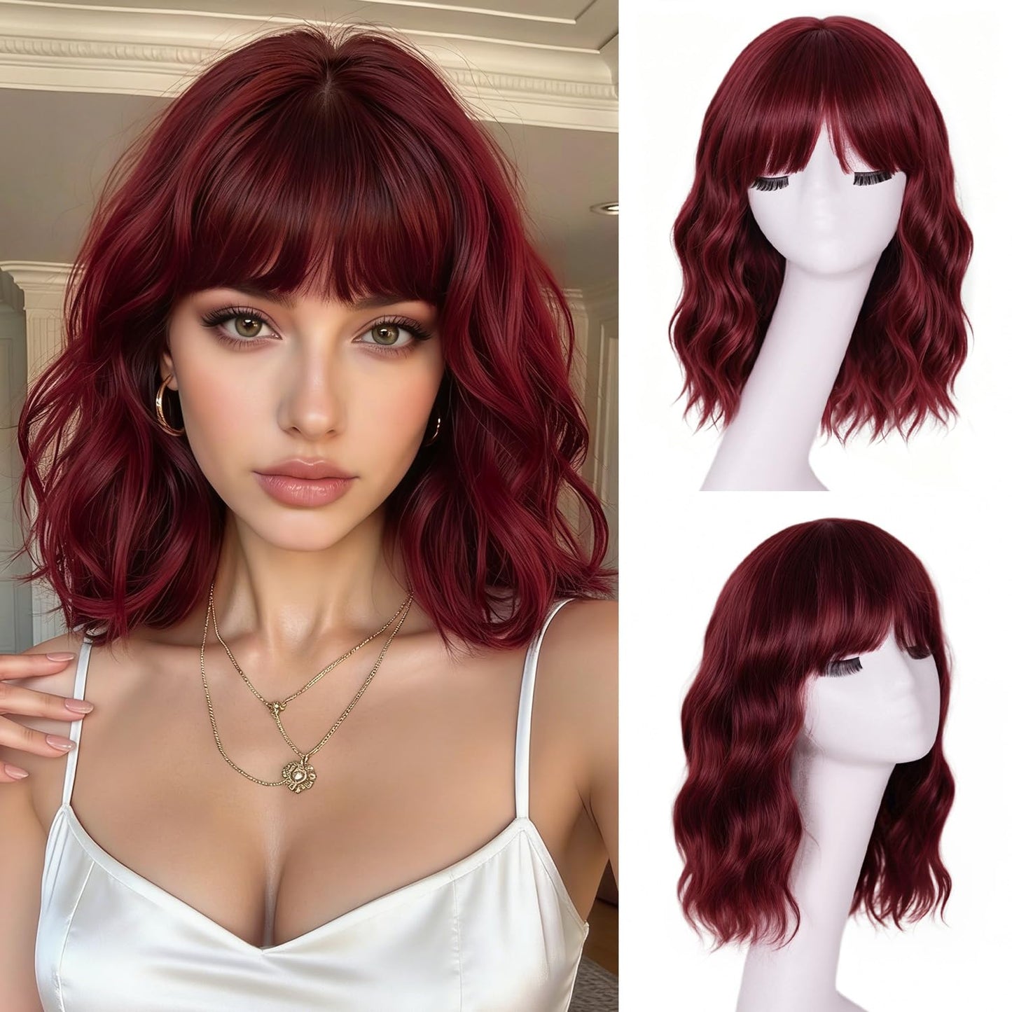 12" Synthetic Hair Short Wavy With Bangs,Short Bob Wig Made Of Quality Synthetic Fiber