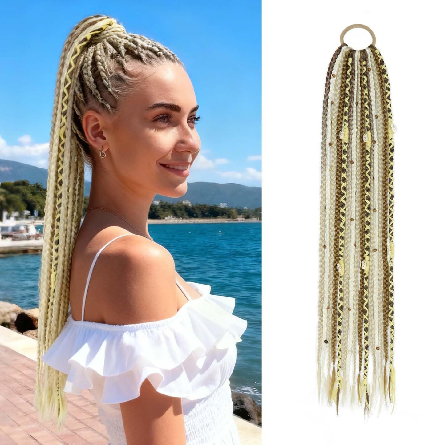 24" Boho Braided Ponytail Extension with Hair Ties, Hand-braided fashionable Long Viking Dreadlock Beads Ponytail Synthetic Hairpiece