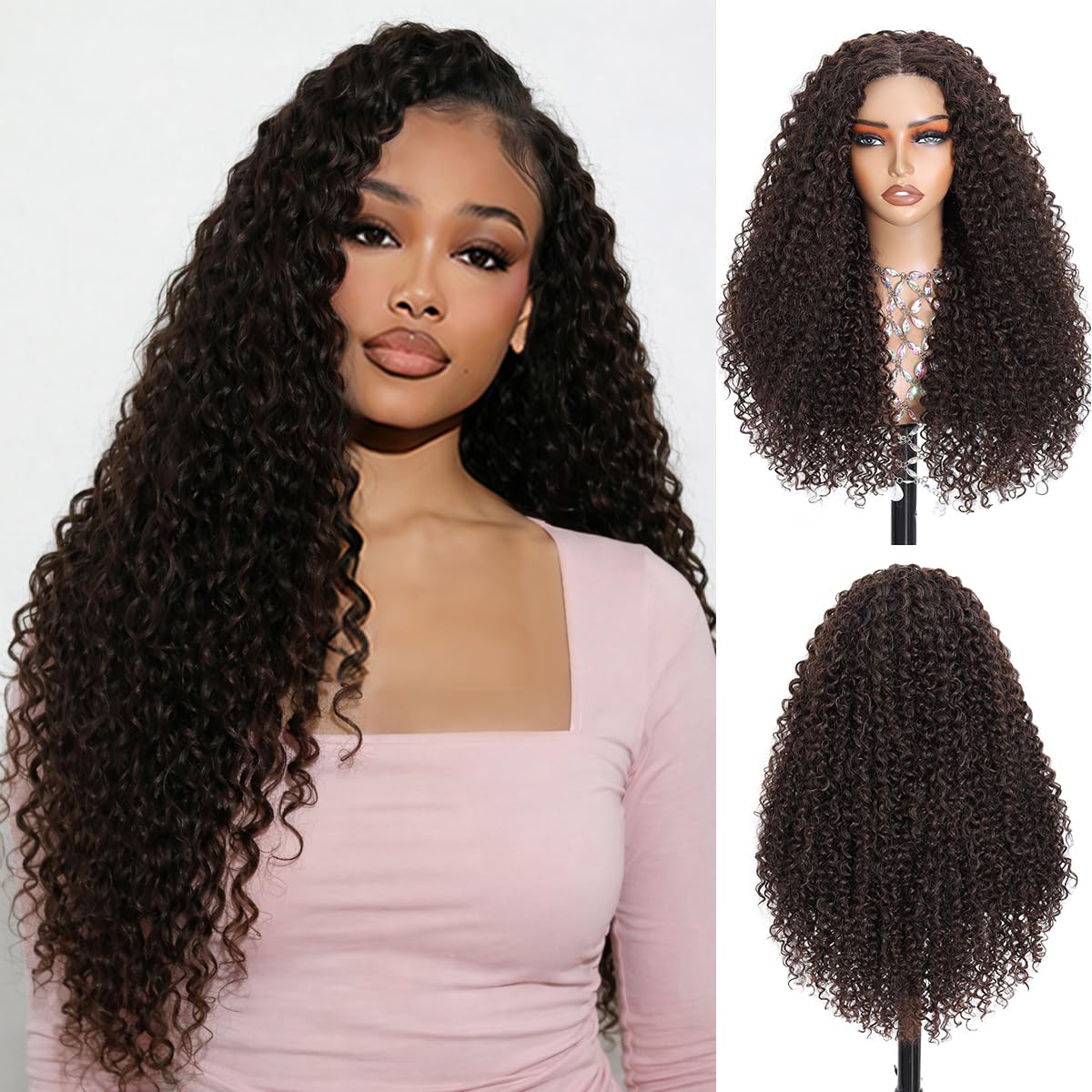 Glueless Curly Wig Synthetic Lace Front Wig 4x1 Middle Part Lace Wig Upgraded with Human Hair Like Fiber Wigs for Women