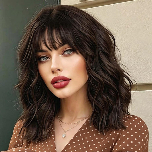 Black Wavy Wigs with Bangs Soft Short Bob Wigs for Women Synthetic Shoulder Length Women's Curly Wigs for Halloween Costumes Cosplay Daily