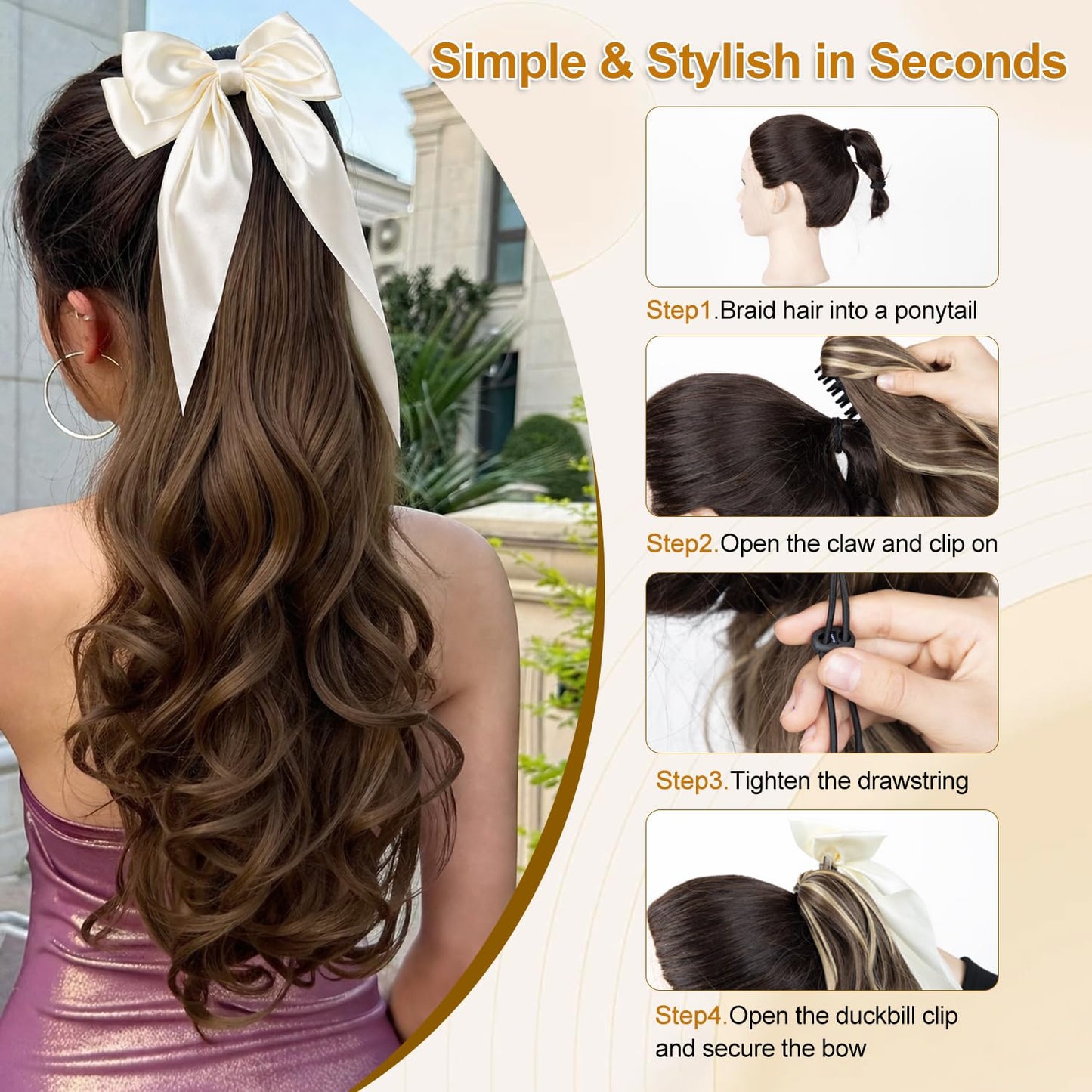 24 Inch Claw Clip in Ponytail Extension with 2 Pcs Hair Bows