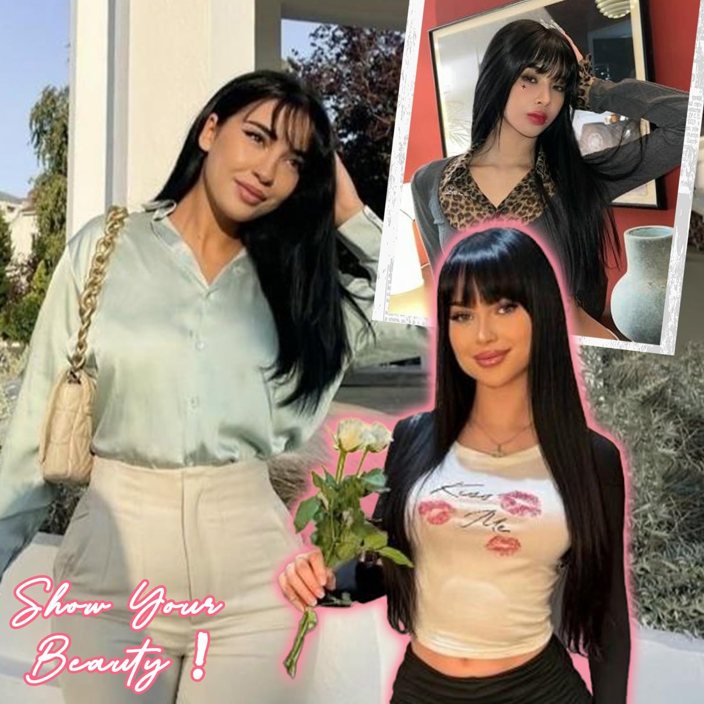 Long Straight Layered Wig with Bangs for Women