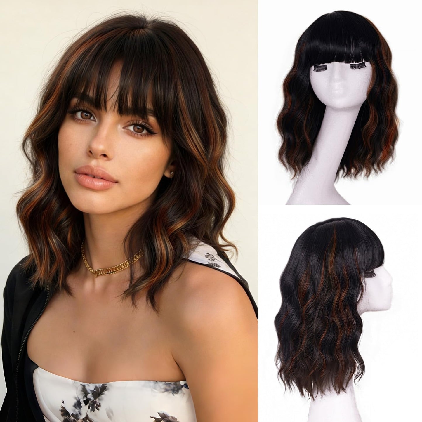 12" Synthetic Hair Short Wavy With Bangs,Short Bob Wig Made Of Quality Synthetic Fiber