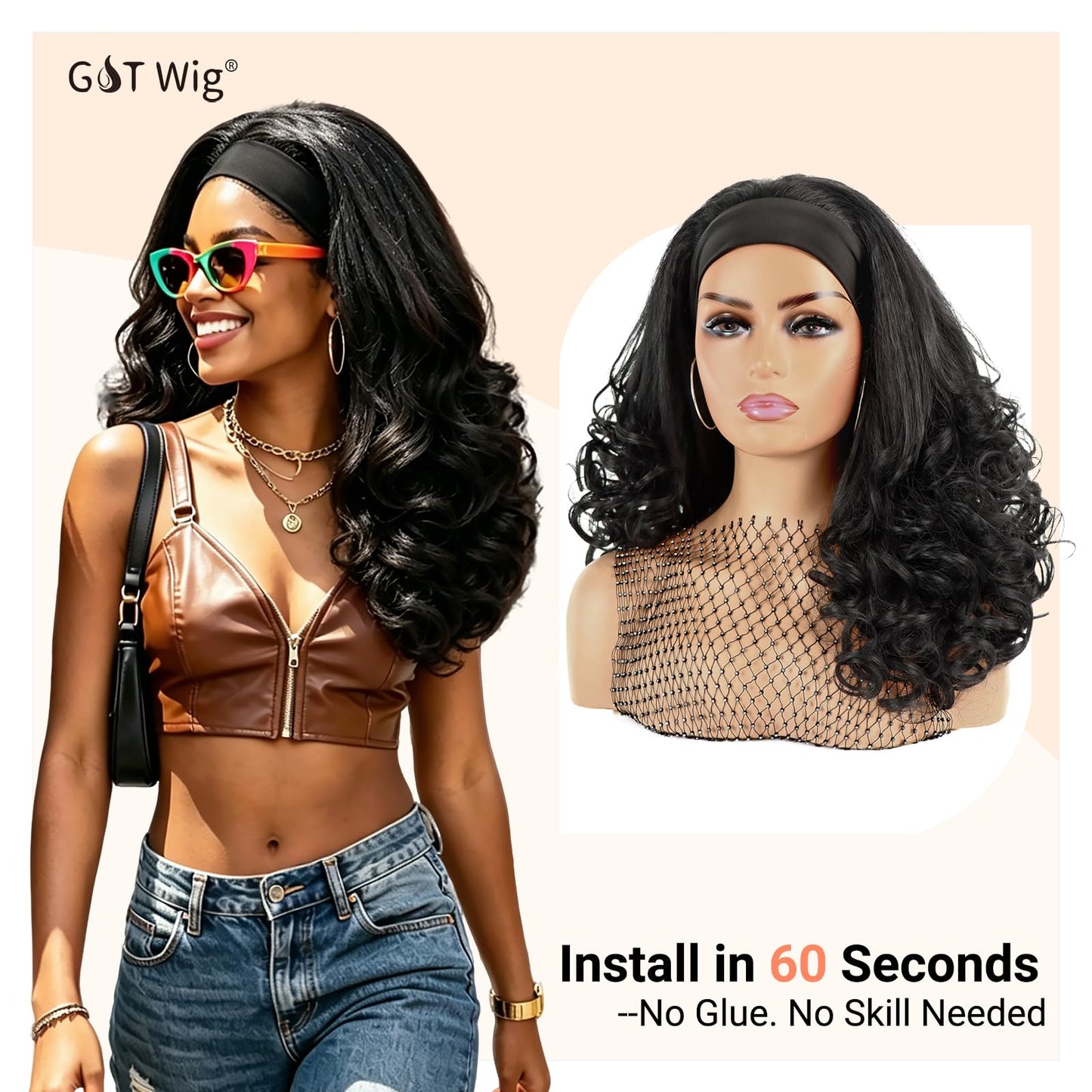 Wig Yaki Curly Headband Wigs for Black Women Kinky Straight Curly Headband Wigs Synthetic Wear and Go Glueless Half Wig for Daily Use (Black, 16inch)