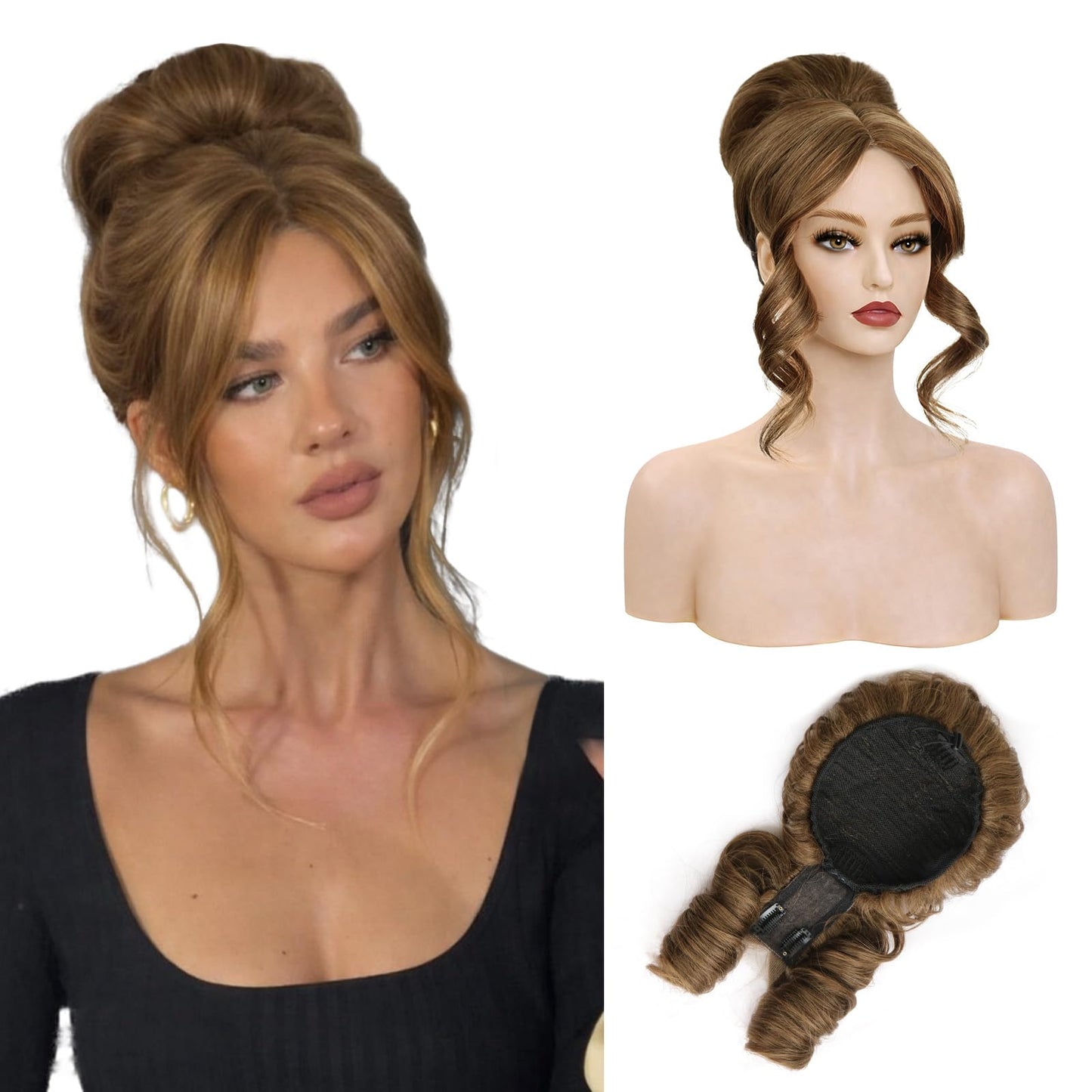 2-in-1 Messy Bun with Bangs Drawstring Ponytail Extension, Curly Updo Wig & Hair Topper with Lace Side Bangs, Lightweight Natural-Looking Hair Bun Hairpiece for Women