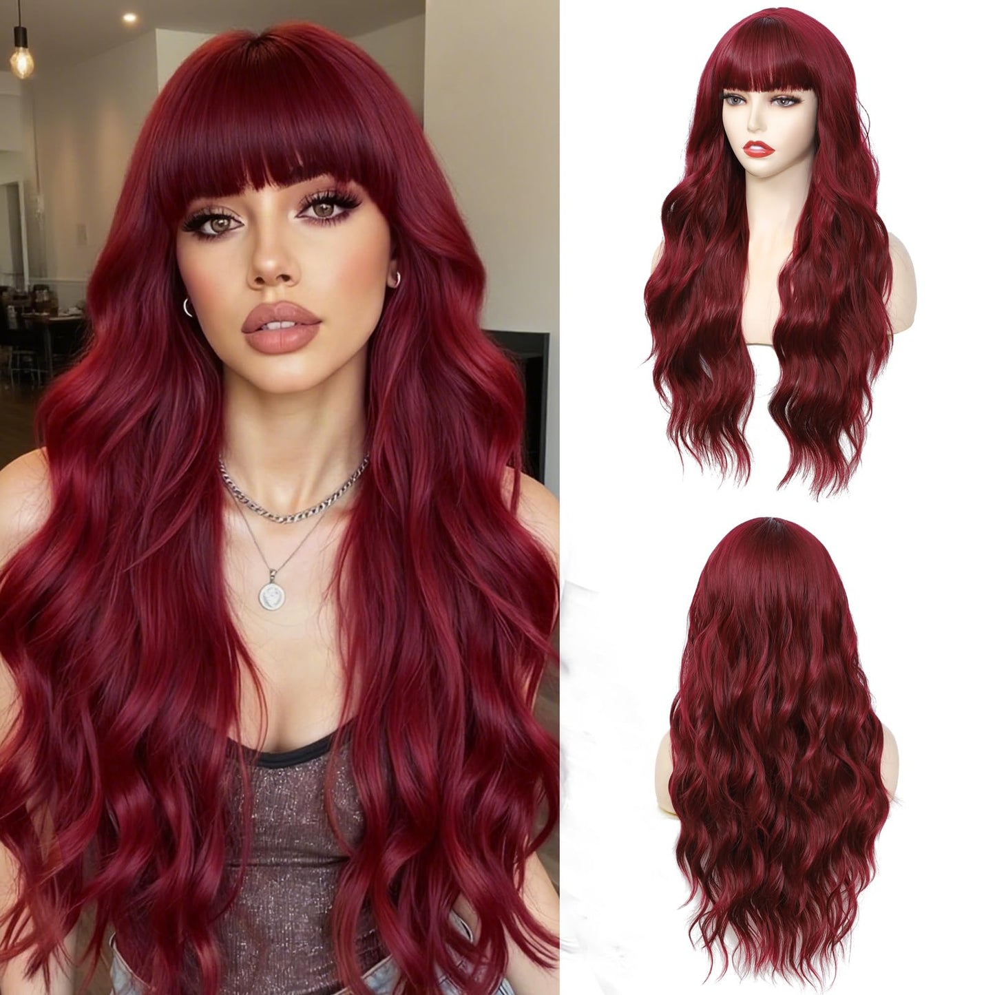 Wig With Bangs Long Wavy Curly Wig with Synthetic Heat Resistant Wigs for Women Daily Party Use