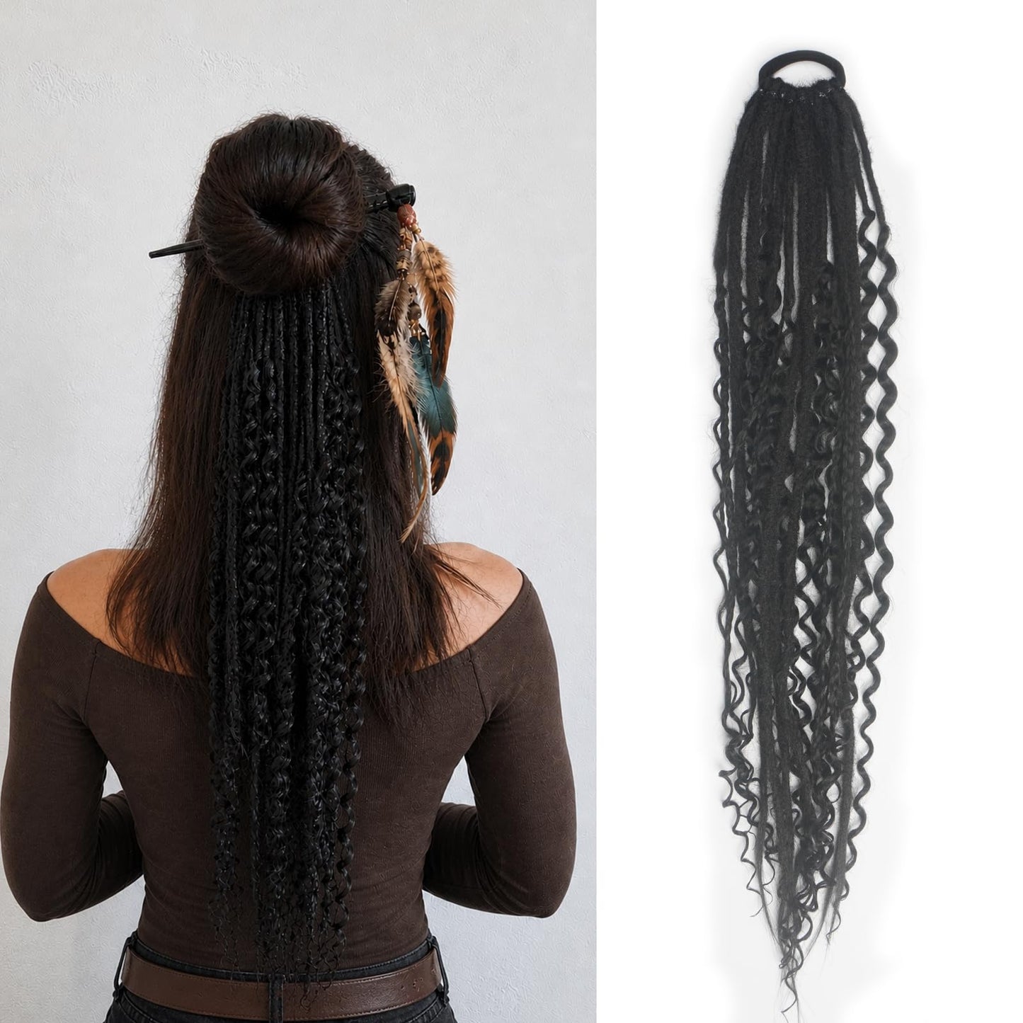 Clip In Dreadlock Hair Extensions, 24 inch Curly Dreads with Box Braid Wavy Synthetic Boho Dreads Extensions