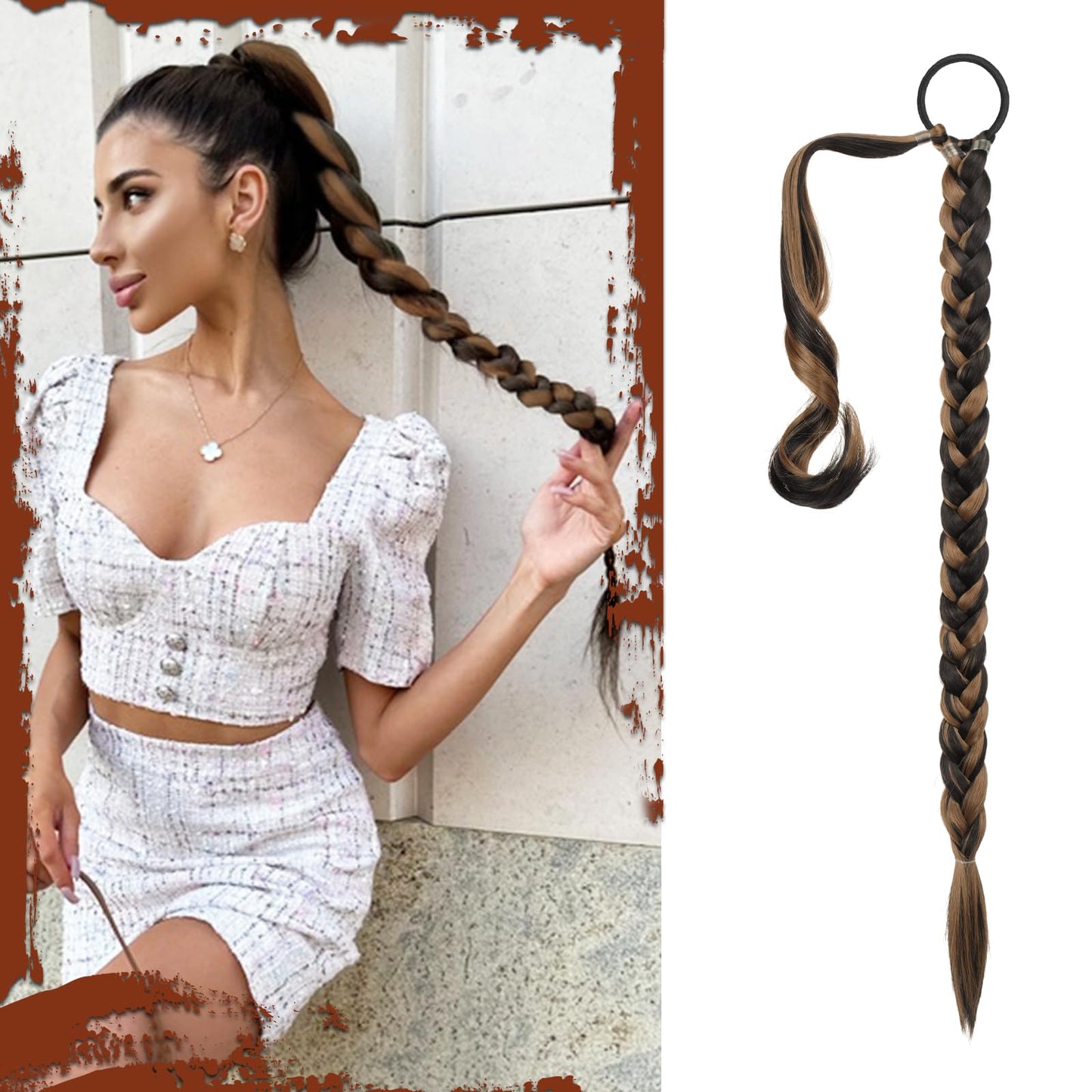 Long Braid Ponytail Extension with Hair Tie Straight Sleek Wrap Around Hair Extensions Synthetic Hair Piece Braid Pony Tail Fluffy Natural Soft Hairpieces for Women Daily Wear