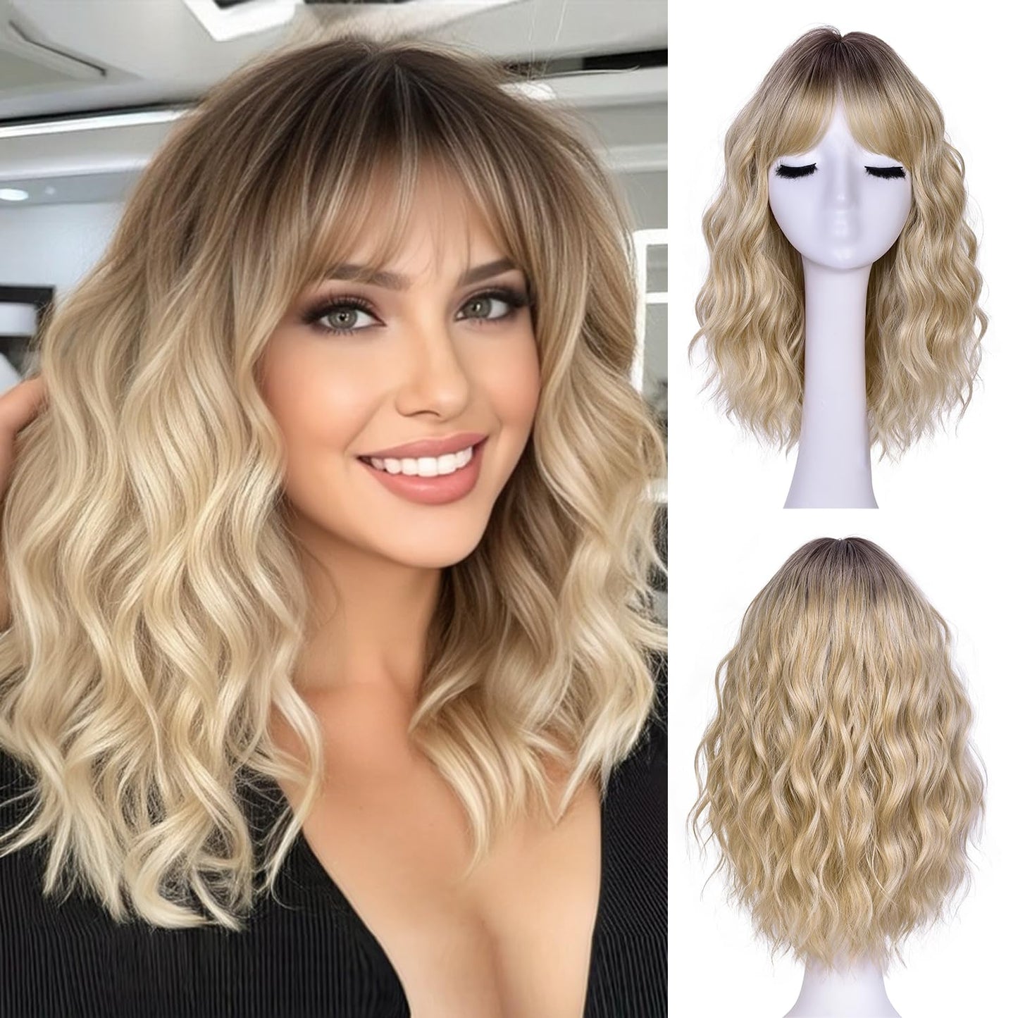 Short Wavy Wig with Bangs for Women