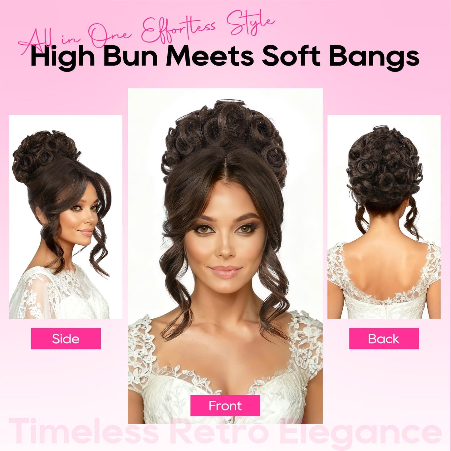 Bun Hair Piece with Bangs - 2-in-1 Hair Bun Hairpieces Curly Updo Wig & Hair Topper with Long Side Bangs Natural-Looking Drawstring Ponytail Extension for Women
