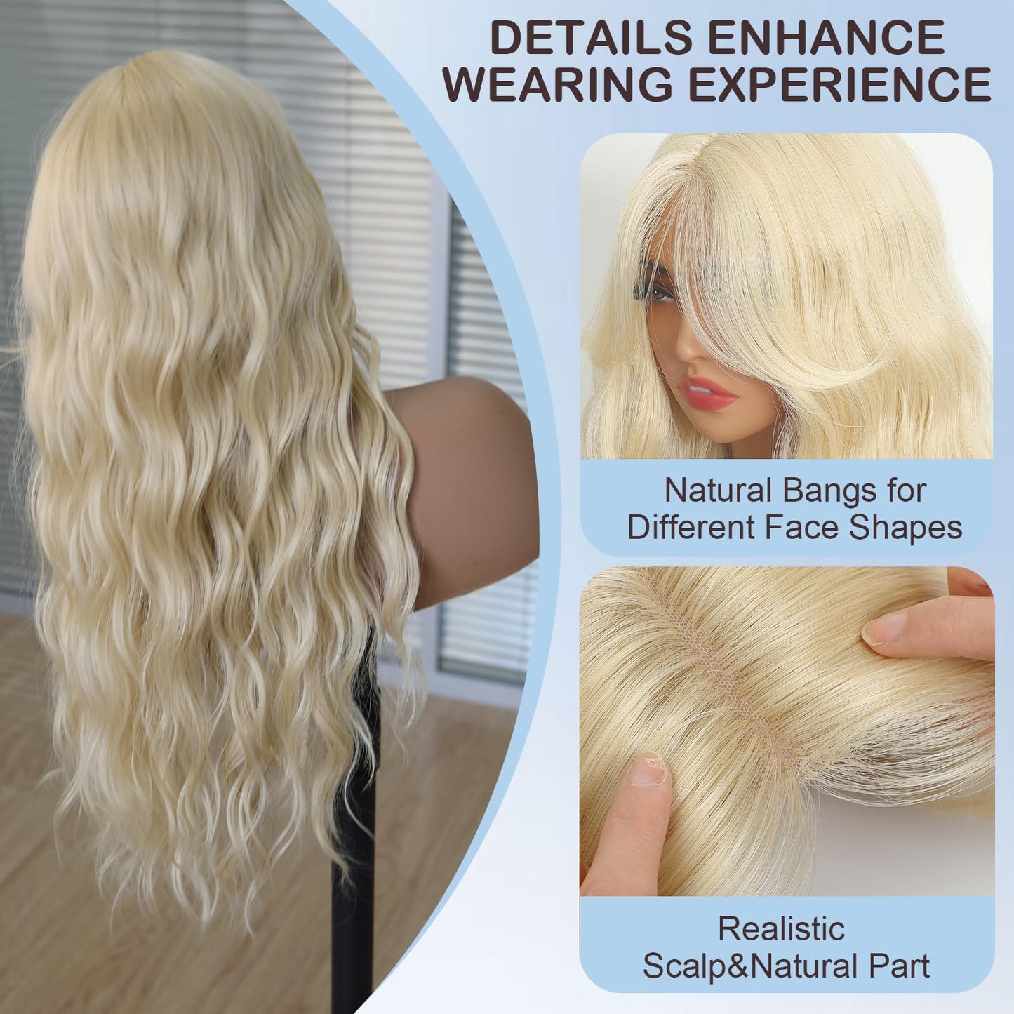 XC CLOUDS Synthetic 28 inch body wave wigs with curtain Bangs, 4 * 2 hand Tied Forehead Simulated Lace Scalp,Natural Wavy Synthetic Heat Resistant hair middle part wigs,Daily Cosplay Friendly