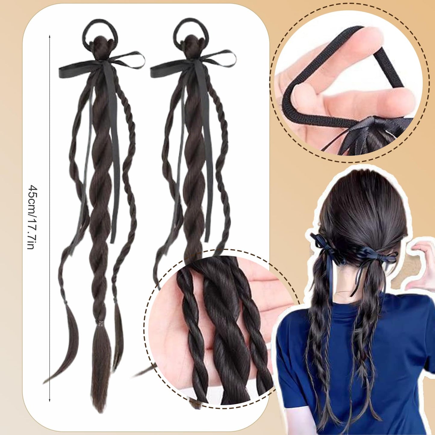 2PCS Ponytail Extension Braid with Hair Tie Synthetic Ponytail Twisted Braid wig hair band for Women Girls 19 in