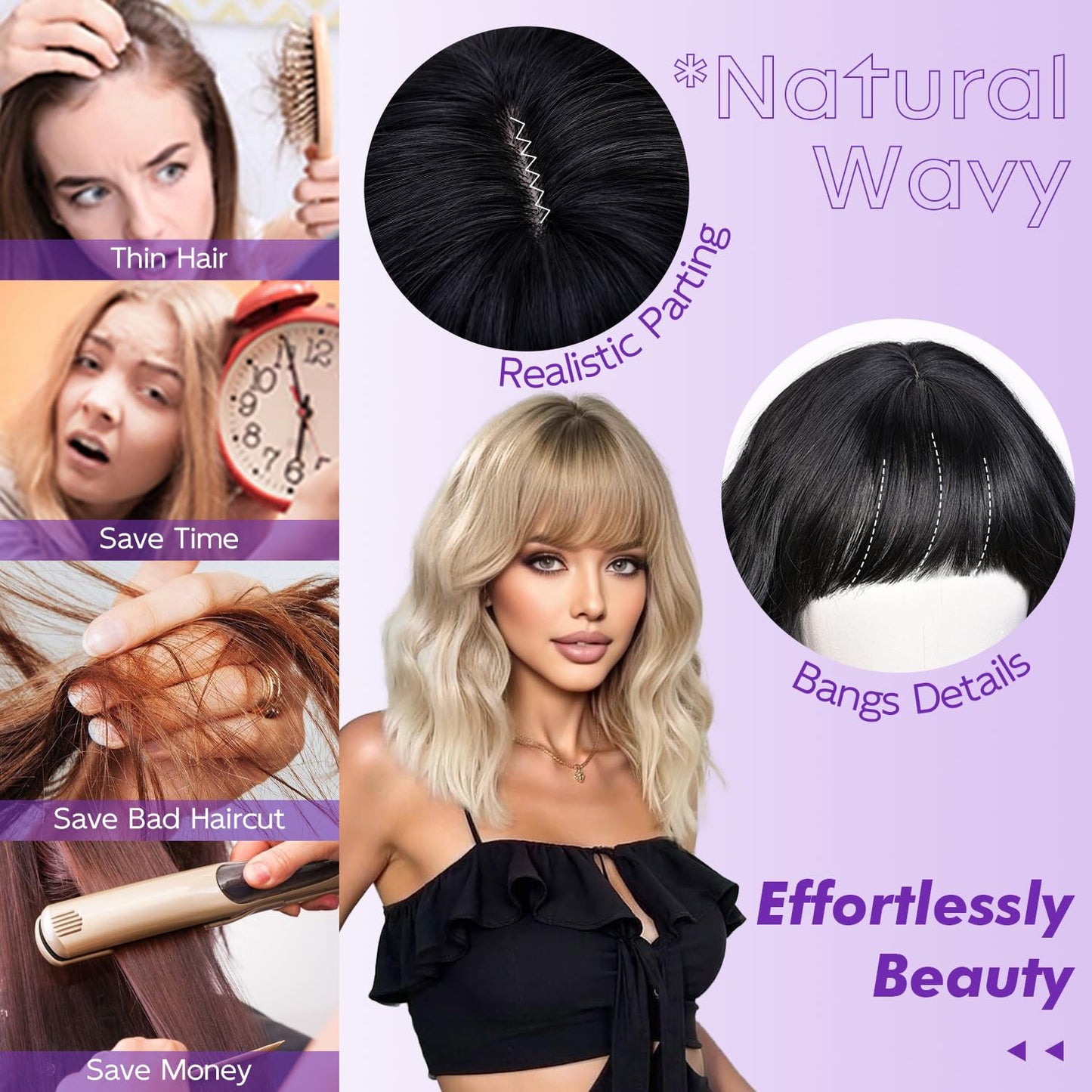 Short Wavy Wig with Bangs for Women