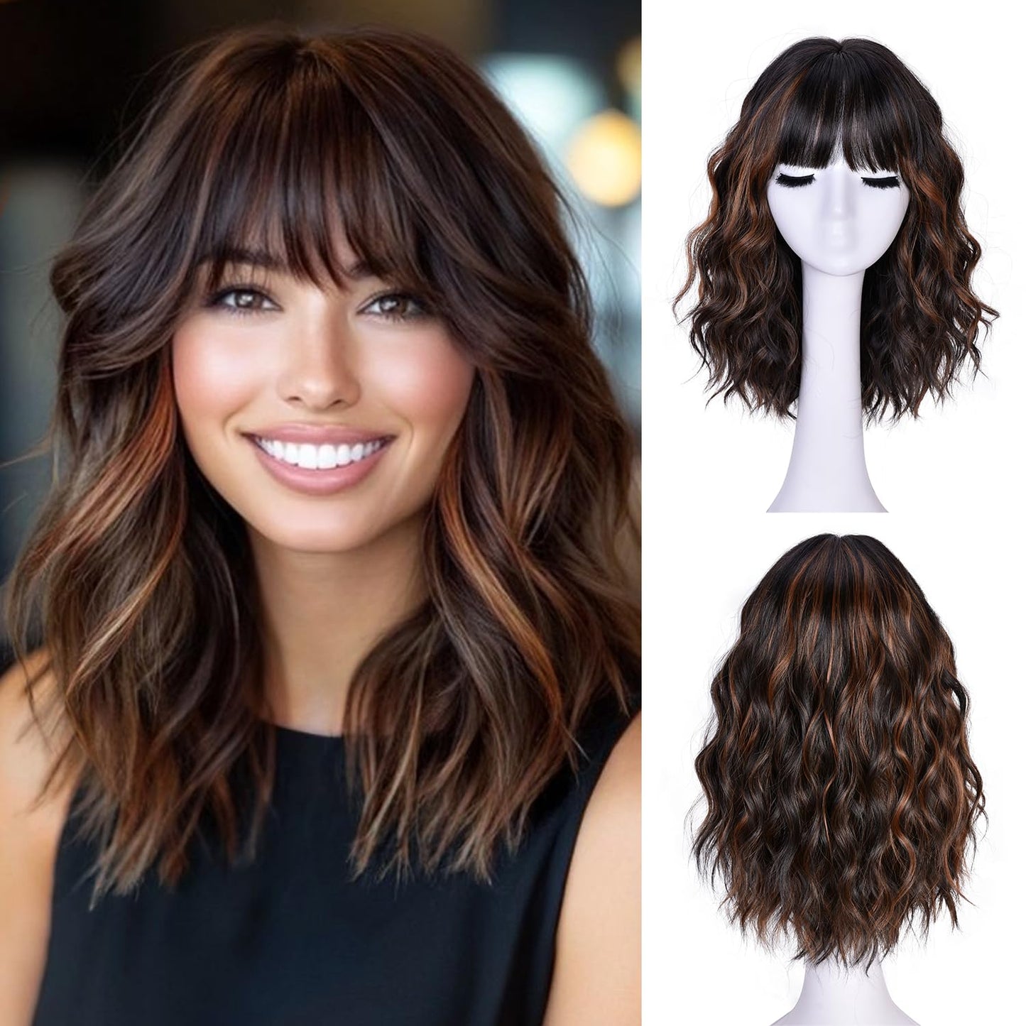 Short Wavy Wig with Bangs for Women