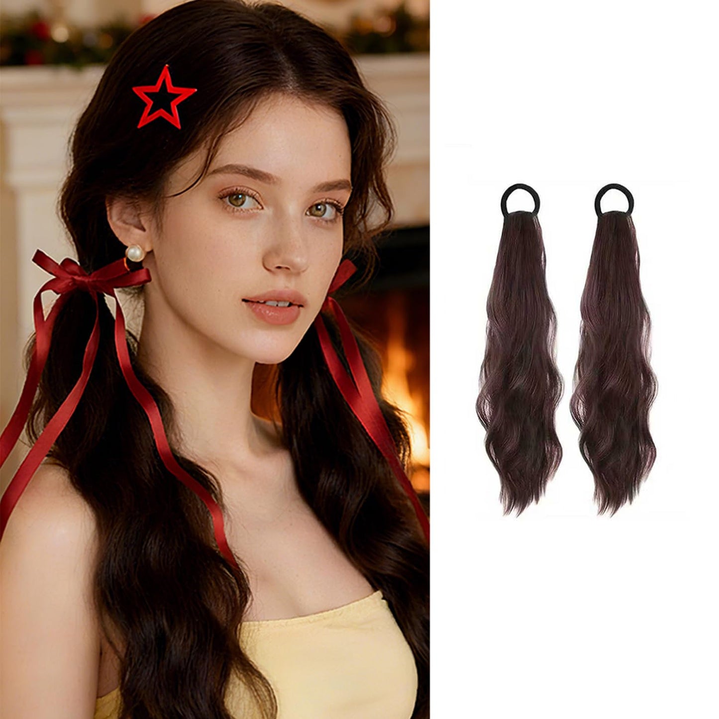 2PCS Curly Ponytail Extension with Hair Tie Hair Natural Wig Elastic Band Wave Fake Ponytail Wigs Accessories for Women Daily 17 Inch