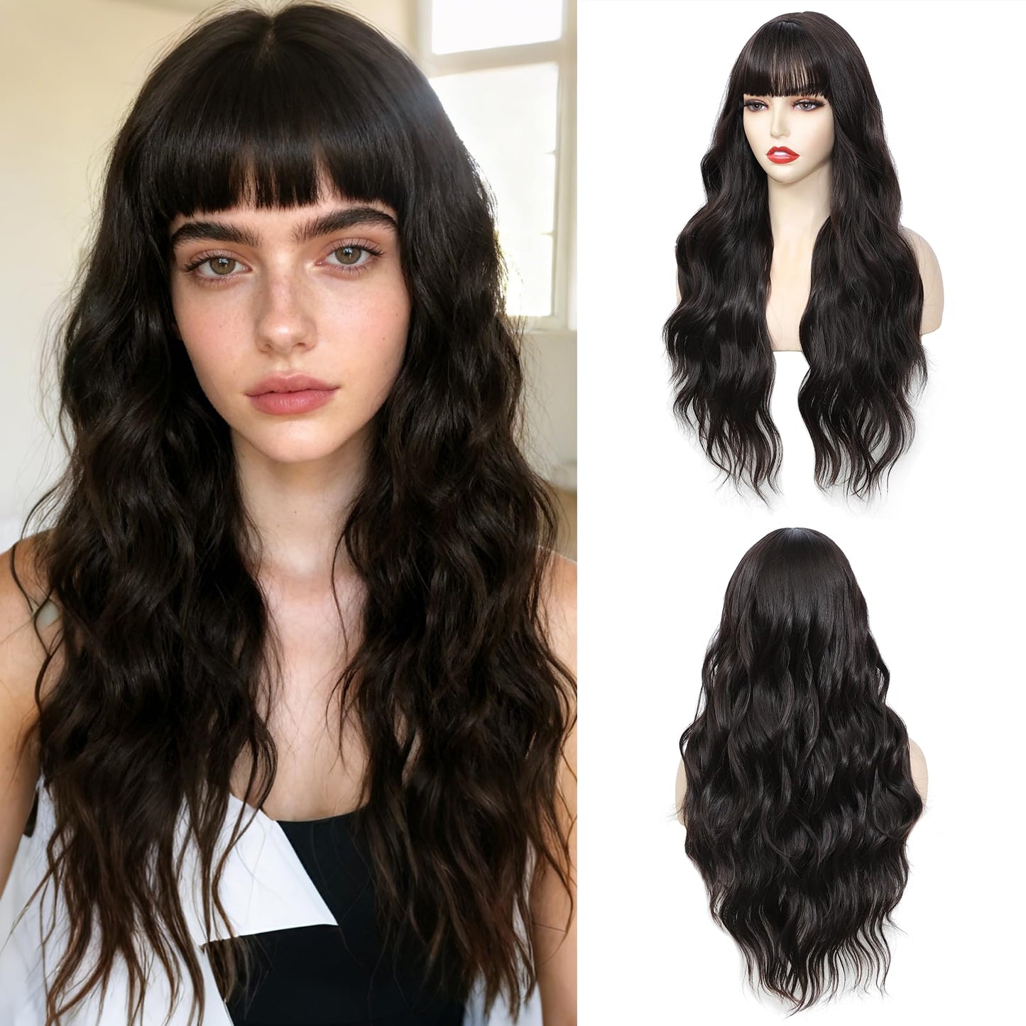 Wig With Bangs Long Wavy Curly Wig with Synthetic Heat Resistant Wigs for Women Daily Party Use