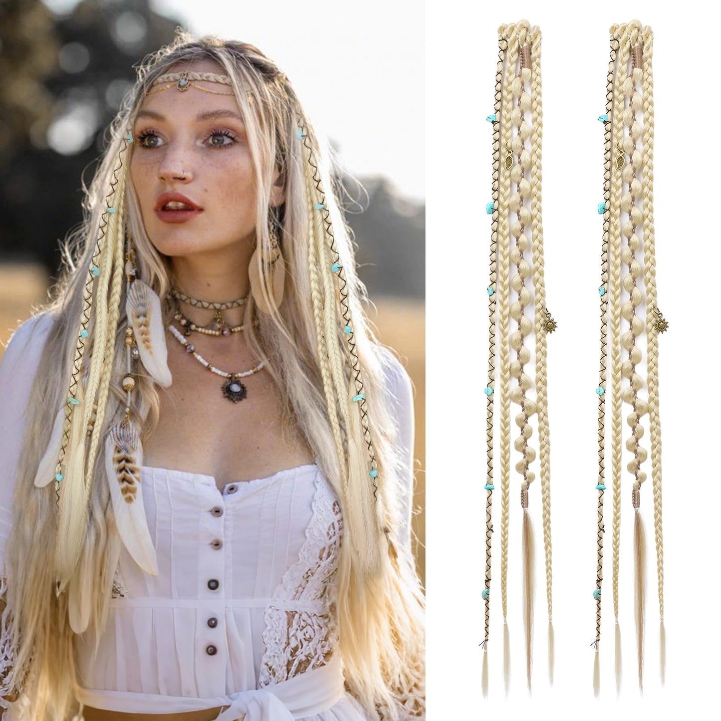 Clip in Braids for Women, 16" Boho Dreadlock Clip in Braids with Beads & Charms, 2PCS Handmade Synthetic Braided Hairpieces for Cosplay Daily Styling Music Festival