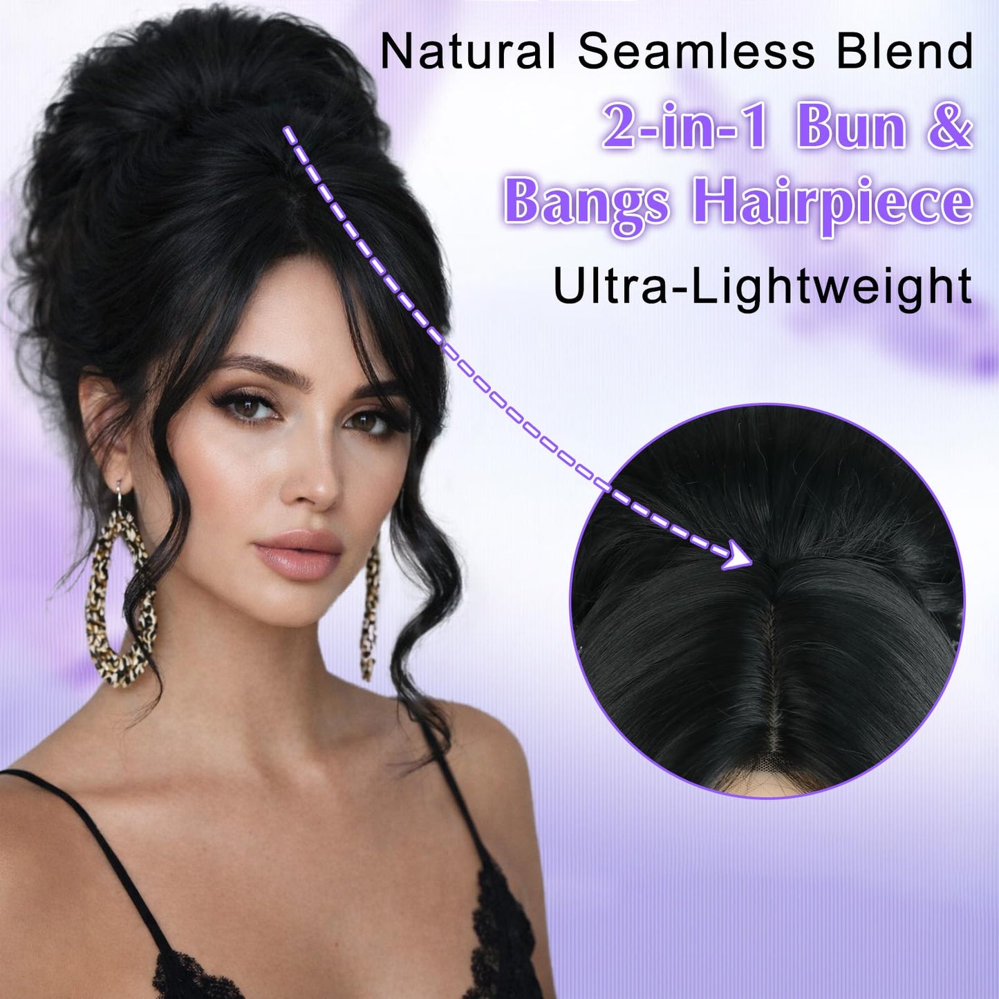 2-in-1 Messy Bun with Bangs Drawstring Ponytail Extension, Curly Updo Wig & Hair Topper with Lace Side Bangs, Lightweight Natural-Looking Hair Bun Hairpiece for Women