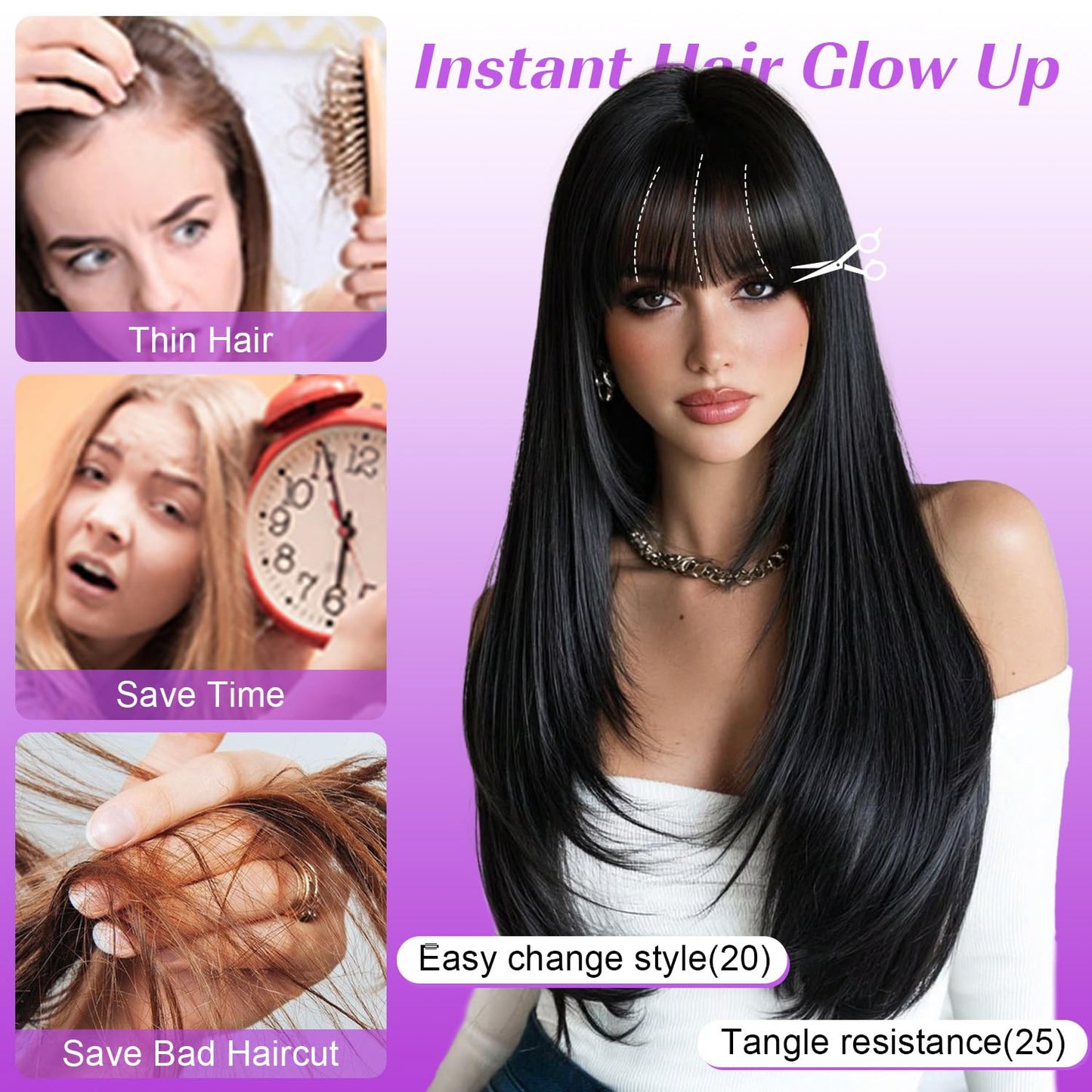 Long Layered Wig with Bangs for Women Synthetic Heat Resistant Realistic Scalp Free Parting Bang Wigs for Daily and Party Use