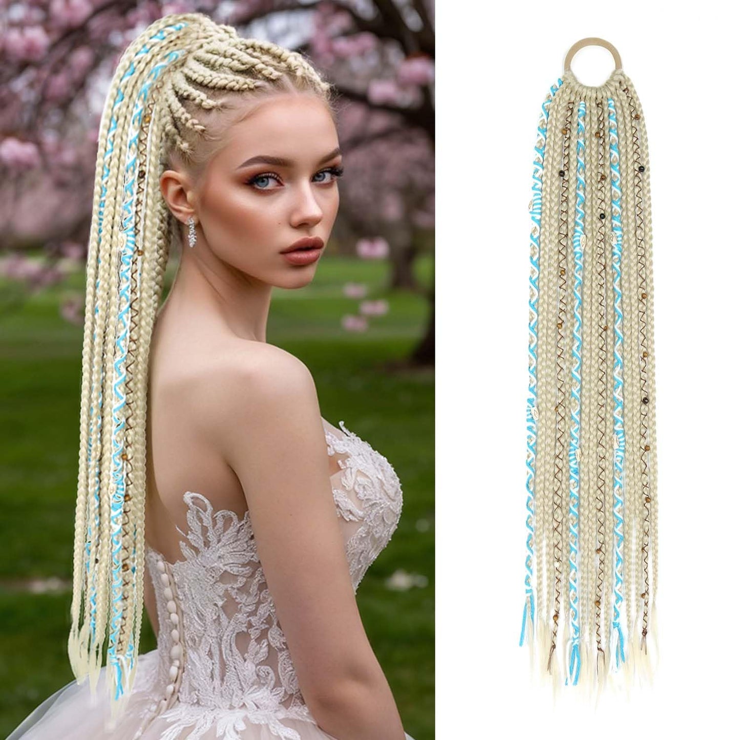 24" Boho Braided Ponytail Extension with Hair Ties, Hand-braided fashionable Long Viking Dreadlock Beads Ponytail Synthetic Hairpiece