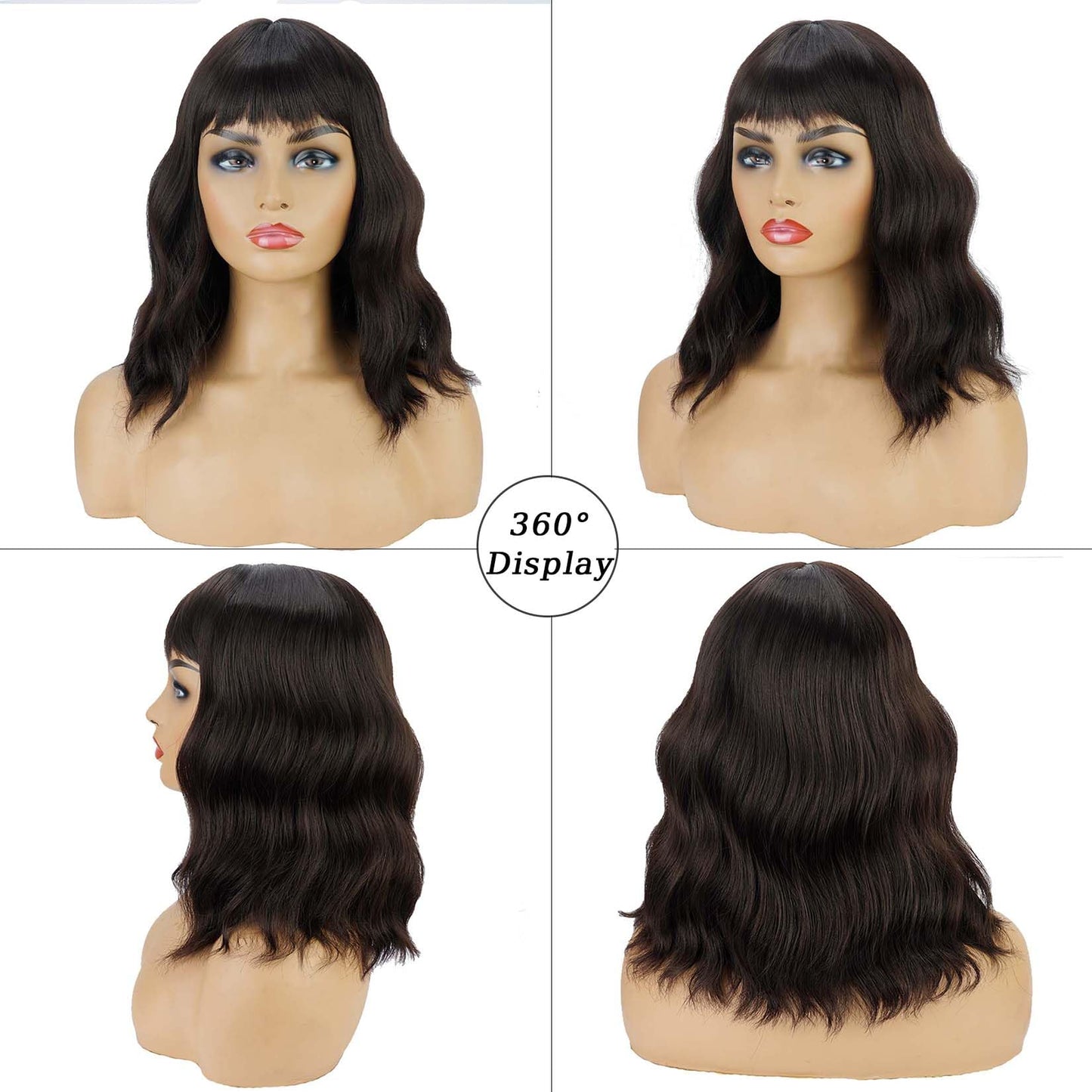 Black Wavy Wigs with Bangs Soft Short Bob Wigs for Women Synthetic Shoulder Length Women's Curly Wigs for Halloween Costumes Cosplay Daily
