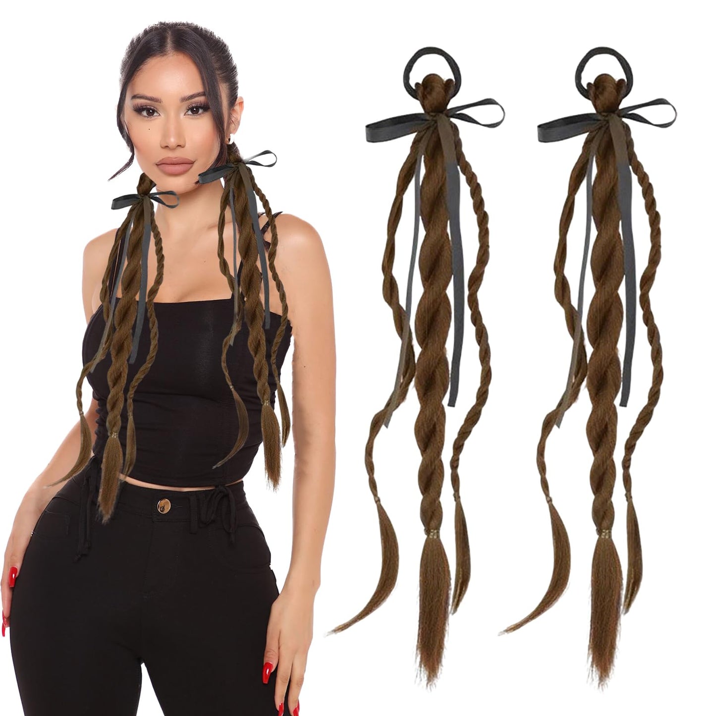 2PCS Ponytail Extension Braid with Hair Tie Synthetic Ponytail Twisted Braid wig hair band for Women Girls 19 in