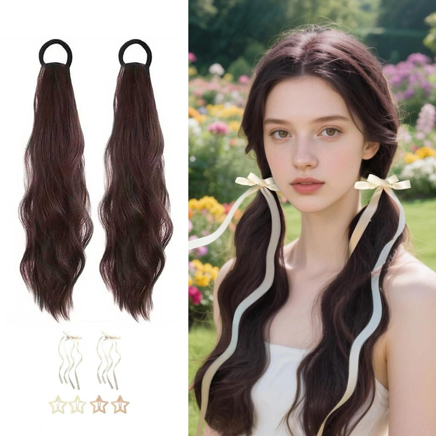 2PCS Curly Ponytail Extension with Hair Tie Hair Natural Wig Elastic Band Wave Fake Ponytail Wigs Accessories for Women Daily 17 Inch