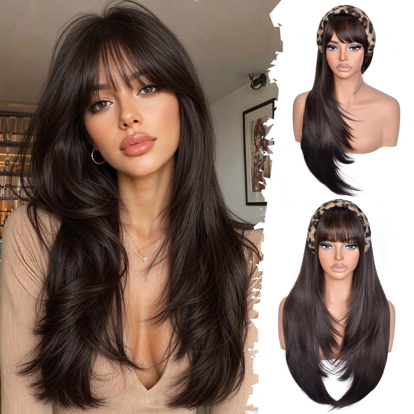 Long Layered Wig with Bangs for Women Synthetic Heat Resistant Realistic Scalp Free Parting Bang Wigs for Daily and Party Use