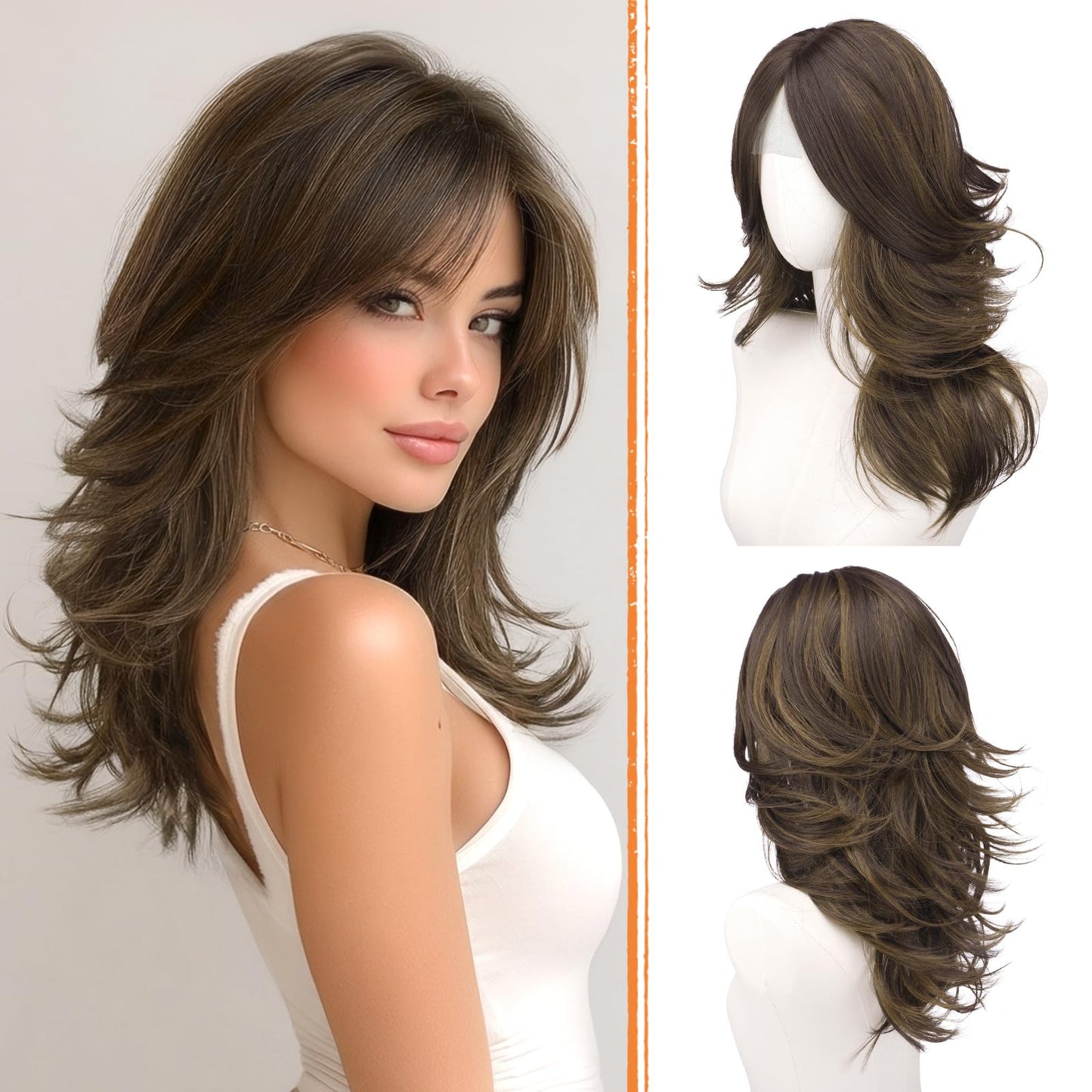 Layered Wigs with Curtain Bangs Lace Front Hairline Long Wavy Natural Looking Middle Part Synthetic Hair Wig for Women Daily Party Costume, 20 Inch