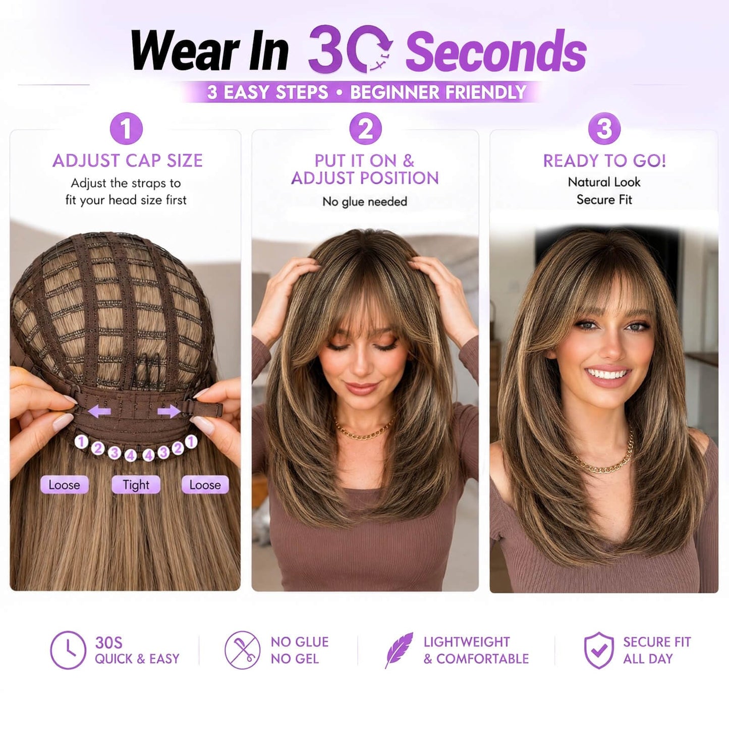 Wig with Bangs for Women Brown Blonde Highlight Straight Face-Framing Layers Hairstyle 4x4 Realistic Scalp Glueless Synthetic Wigs Medium Length for Everyday Use