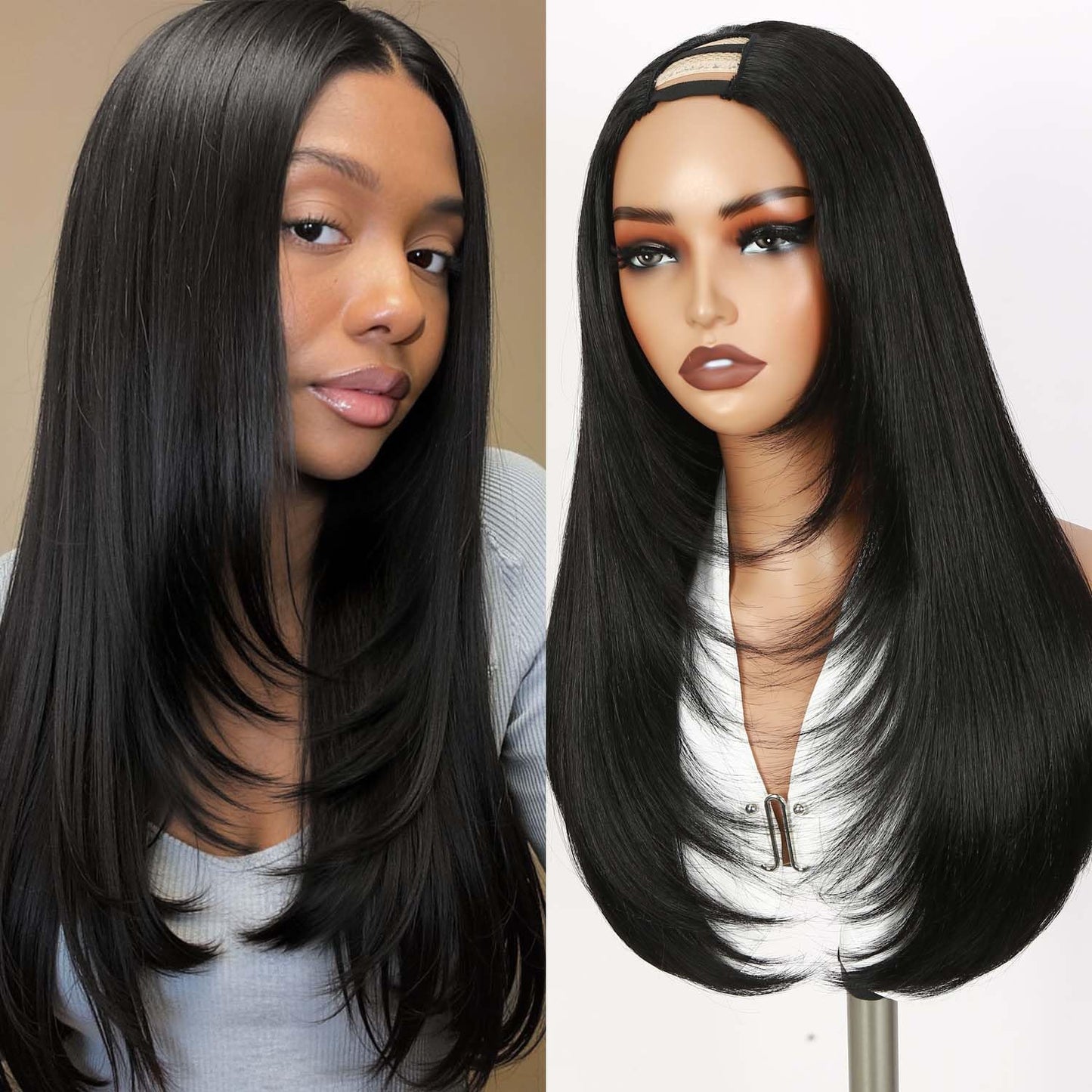 Long Straight U Part Wigs for Women black long wig Layered Haircut V Part Wig Yaki Straight Synthetic Half Wig Clip In Hair Glueless Daily Use