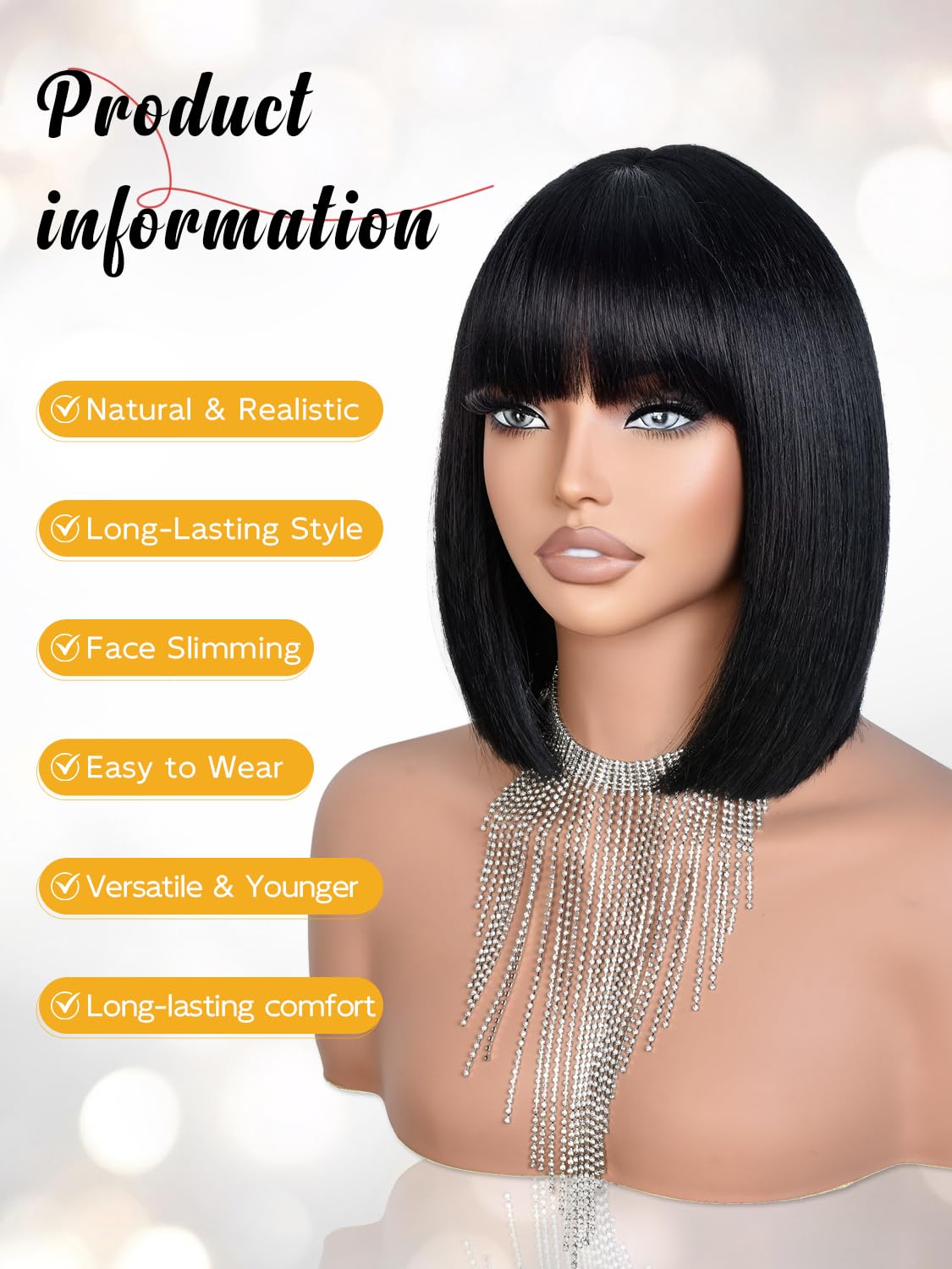 Bob Wig with Bangs for Black Women Short Straight Bob Wigs for Women Synthetic Fiber Natural Looking for Daily and Work Use