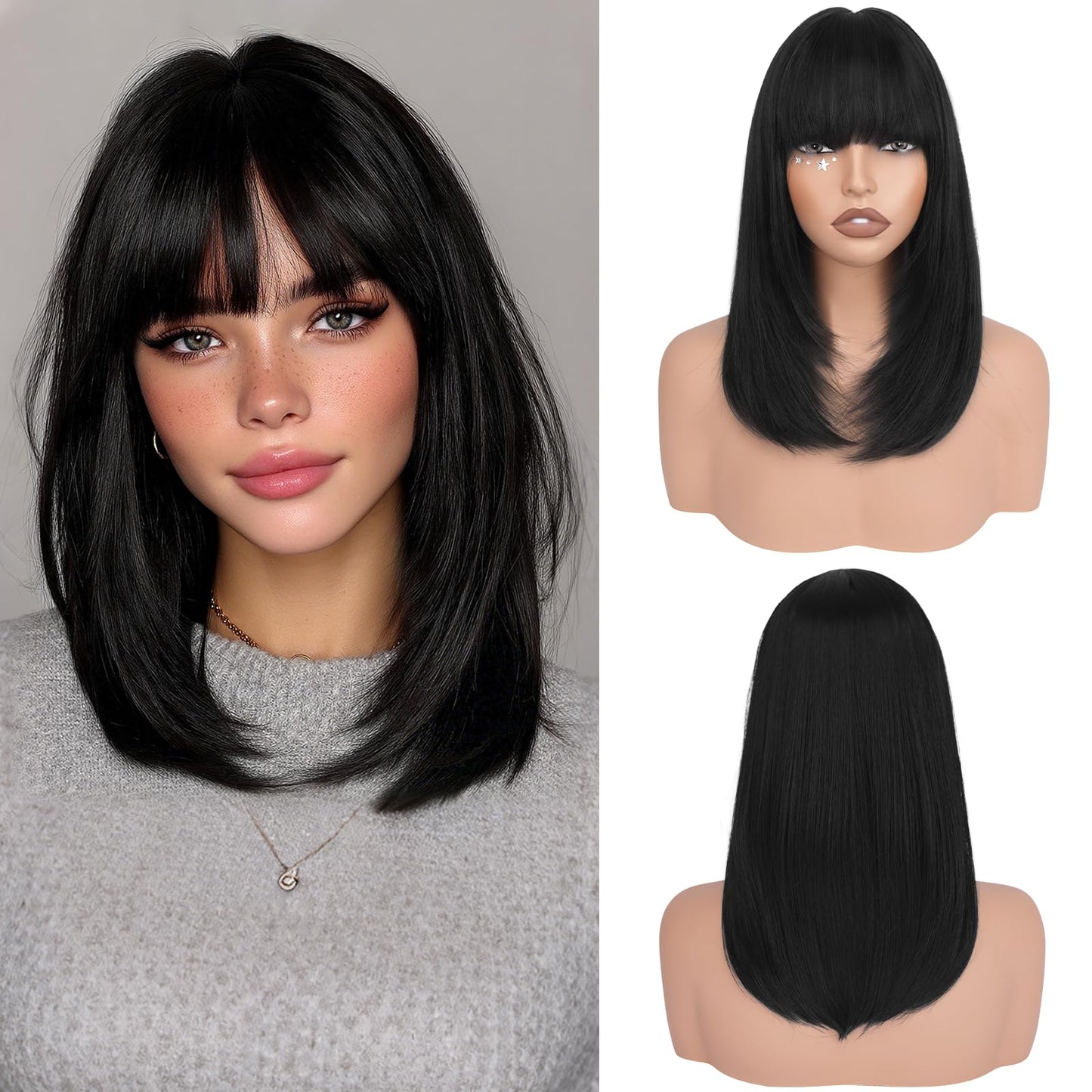 Bob Wigs with Bangs Shoulder Length Straight Natural Looking Synthetic Heat Resistant Medium Hair Wigs for Women Daily Party, 16 Inch