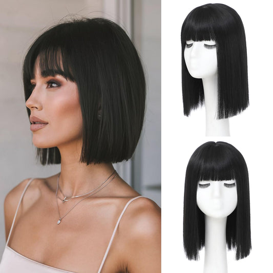 Bob Wig With Bangs - Heat Resistant 14Inch Synthetic Hair, Short Straight Shoulder Length Natural-Looking Cosplay Wig for Daily Use, Parties & Women Girls