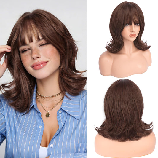 Short Bob Wigs with Bangs Shoulder Length Wavy Layered Flipped Ends Natural Looking Medium Synthetic Hair Wig for Women Daily Party, 14 Inch