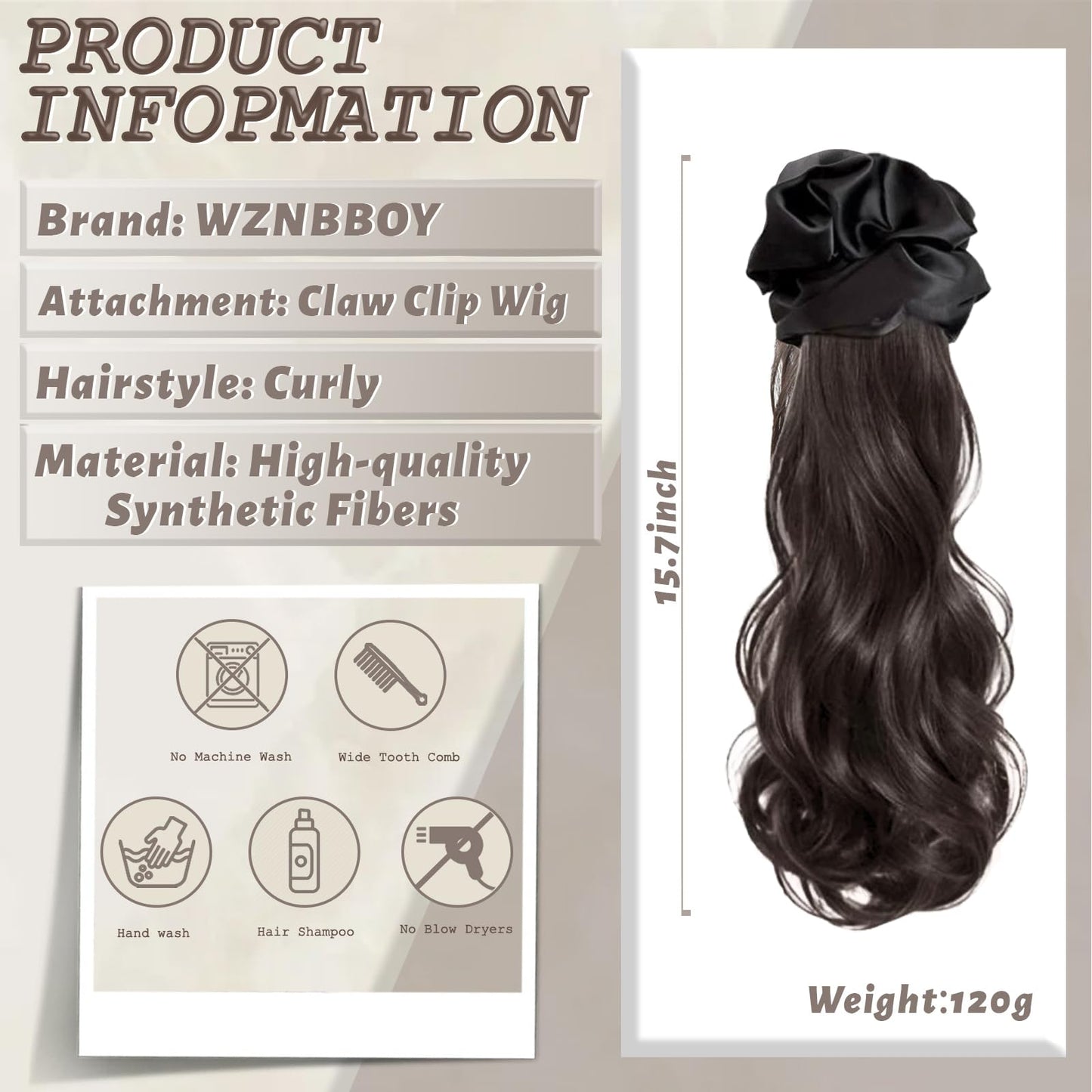 15 Inch Long Ponytail Extension with Scrunchie Non-Slip Fluffy Soft Synthetic Claw Clip Ponytail Hairpiece for Women Vacation Date Christmas Party Cosplay Concert Wedding
