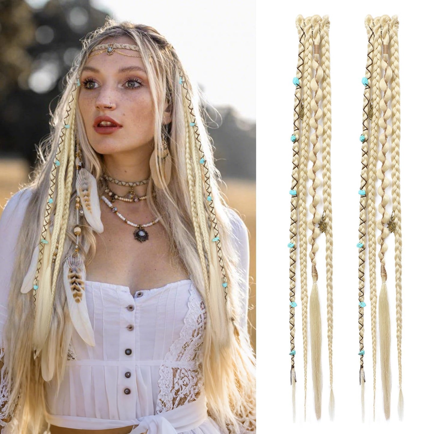 Clip in Braids for Women, 16" Boho Dreadlock Clip in Braids with Beads & Charms, 2PCS Handmade Synthetic Braided Hairpieces for Cosplay Daily Styling Music Festival