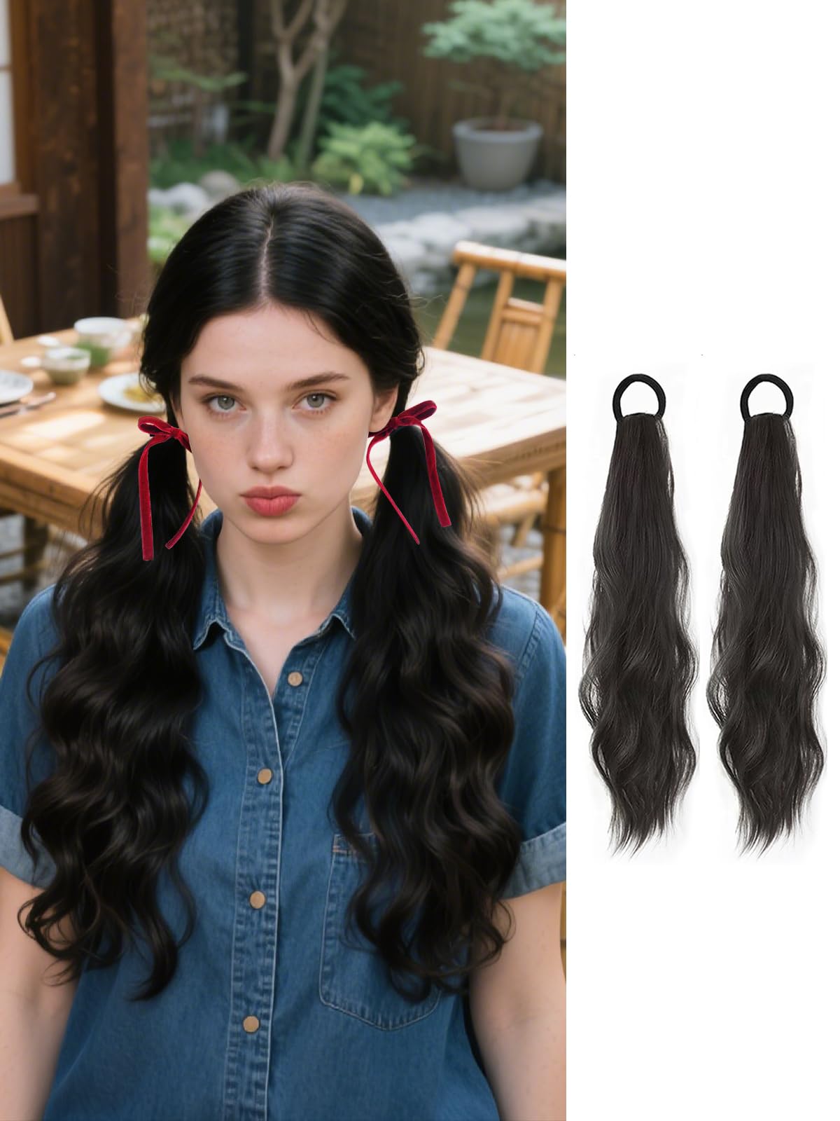 2PCS Curly Ponytail Extension with Elastic Tie 17 Inch Natural Wavy Hairpiece Synthetic Pony Tail Hair Extensions Wave Fake Ponytail Hairpieces for Women Daily Wear