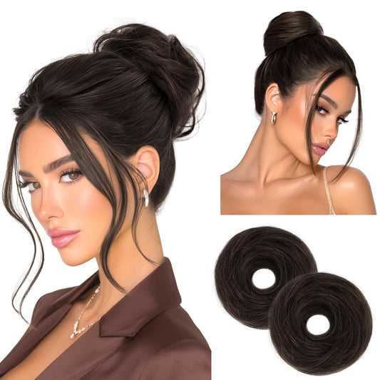 Small Messy Bun Hair PieceHair, One Hairpiece Two Styles Mini Natural Looking Scrunchies Updo for Daily, Hair Buns for Women Ponytail (2PCS, Dark Brown with 15% Dark Cocoa Blonde)